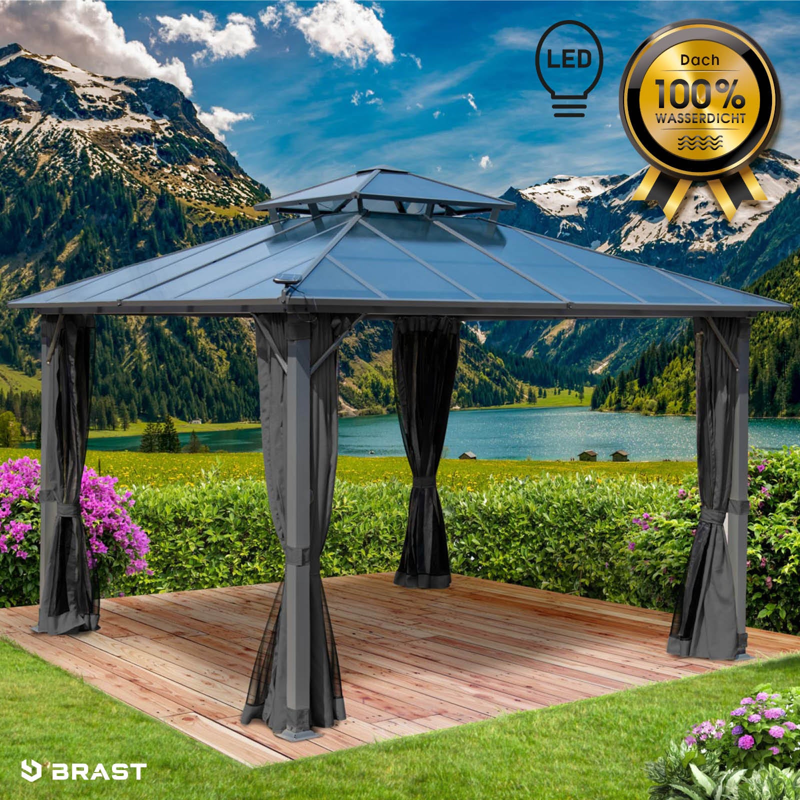 Dunkelgrauer Alu Gartenpavillon 3,5x3,5m mit Moskitonetz, LED-Beleuchtung, wasserdicht stabil winterfest.