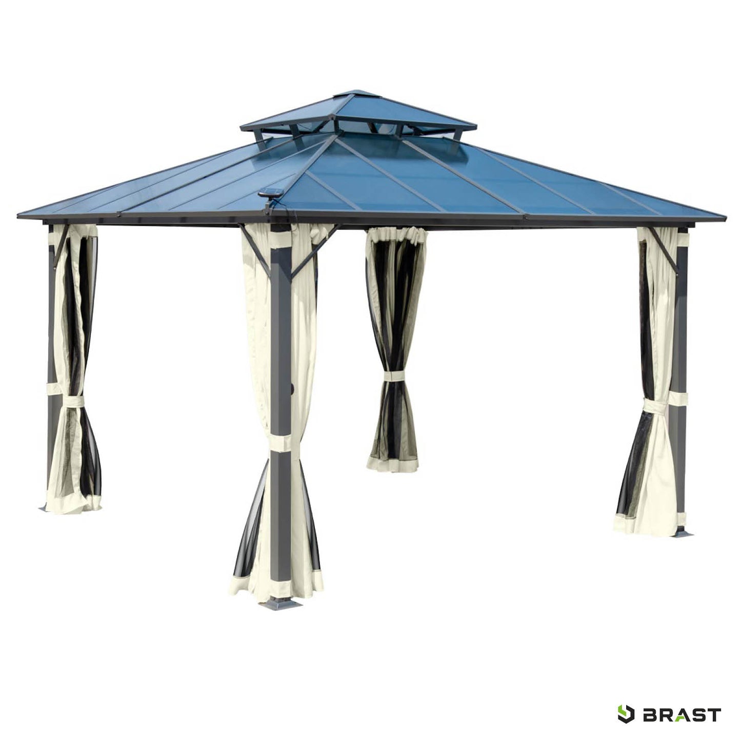 Beiger Alu-Gartenpavillon 3,5x3,5m mit gestreiften Vorhängen, moskitonetz, stabiles, wasserdichtes, winterfestes und.