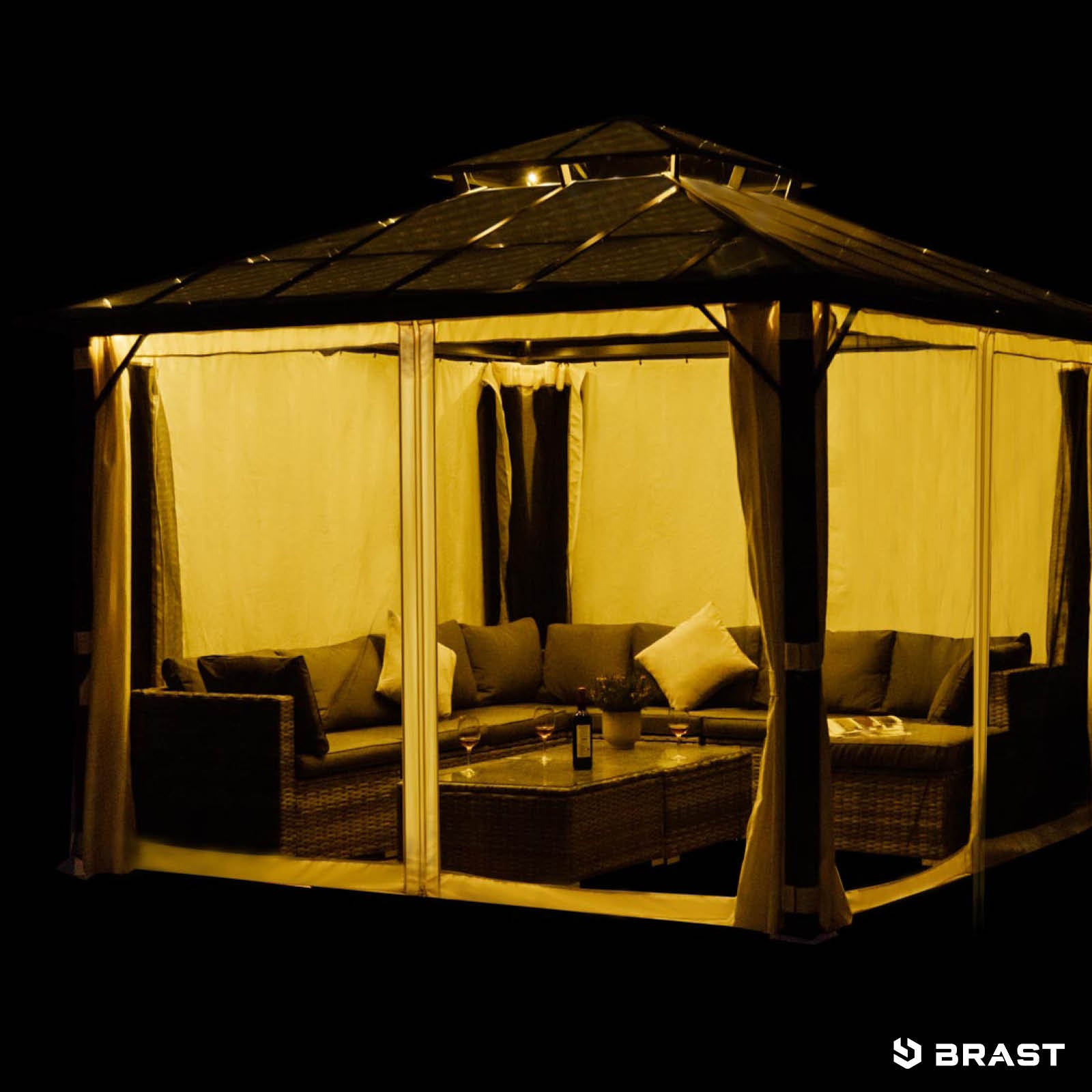 Beiger Alu Gartenpavillon 3,5x3,5m mit Moskitonetz, LED-Beleuchtung, wasserdicht, stabil, ganzjährig, winterfest, sturmfest.