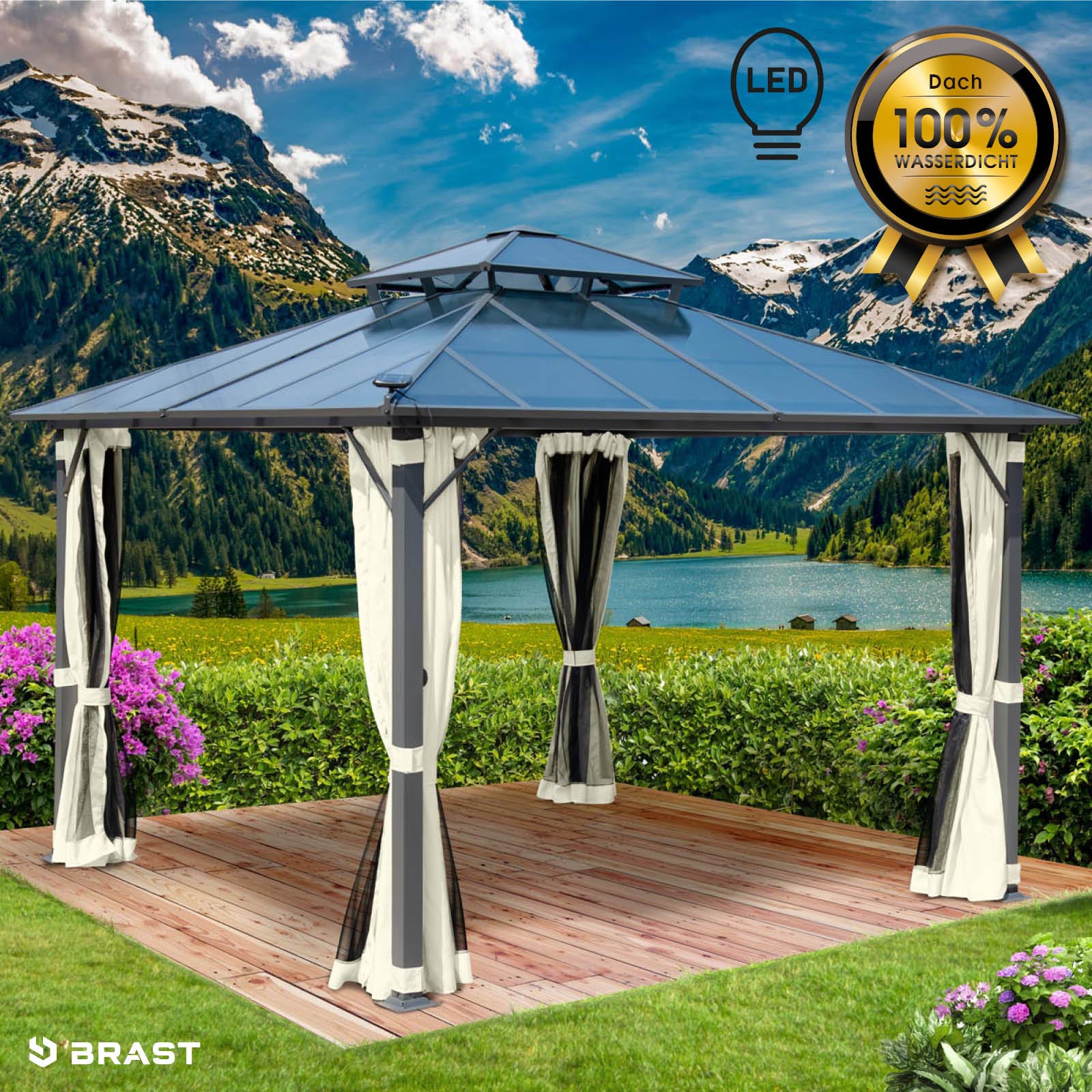 Beiger Gartenpavillon aus Aluminium mit Moskitonetz und LED-Beleuchtung, sturmfest und wasserdicht, ganzjährig nutzbar,.