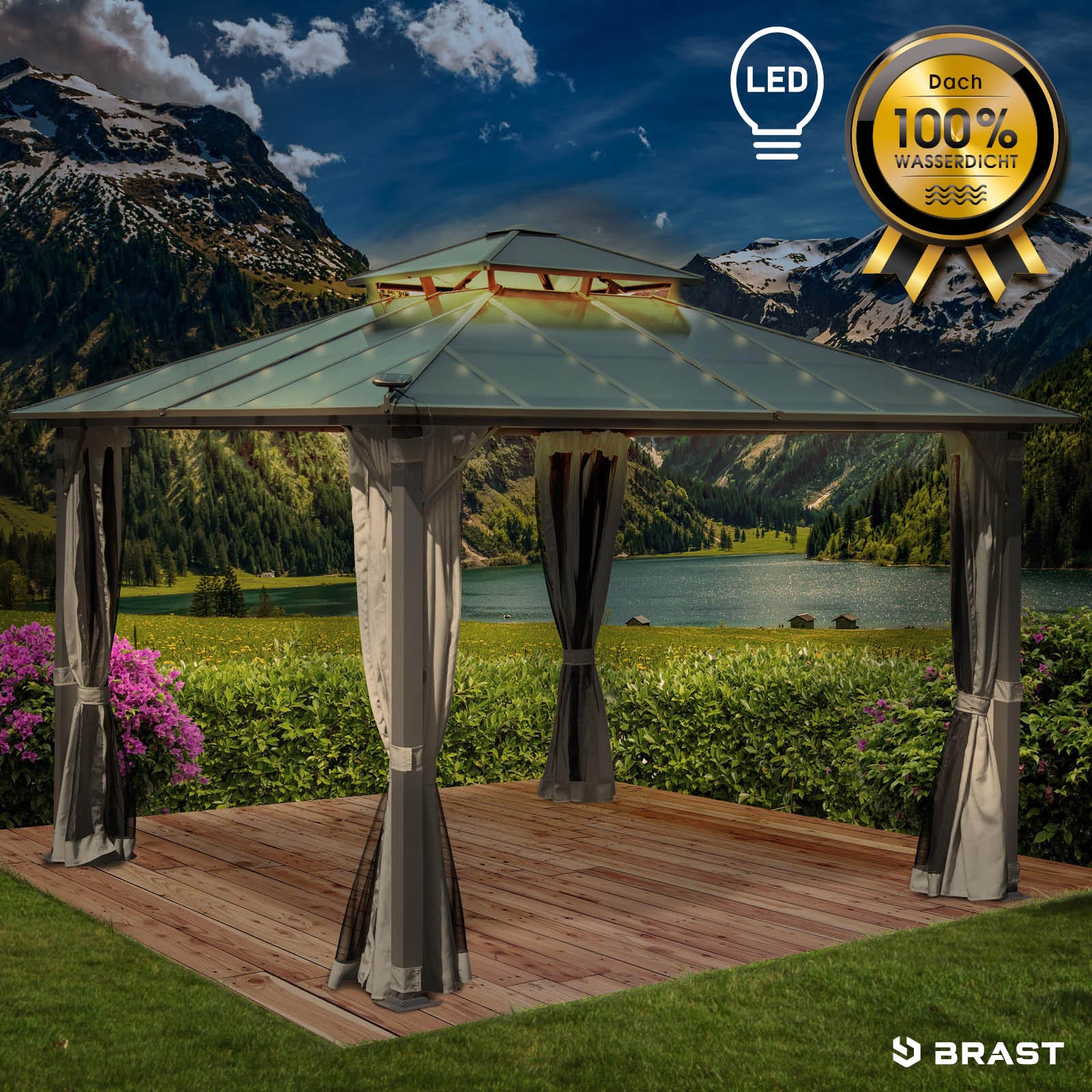 Hellgrauer Alu Gartenpavillon 3,5x3,5m mit Moskitonetz, LED-Beleuchtung, sturmfest und winterfest, wasserdicht und stabil,.