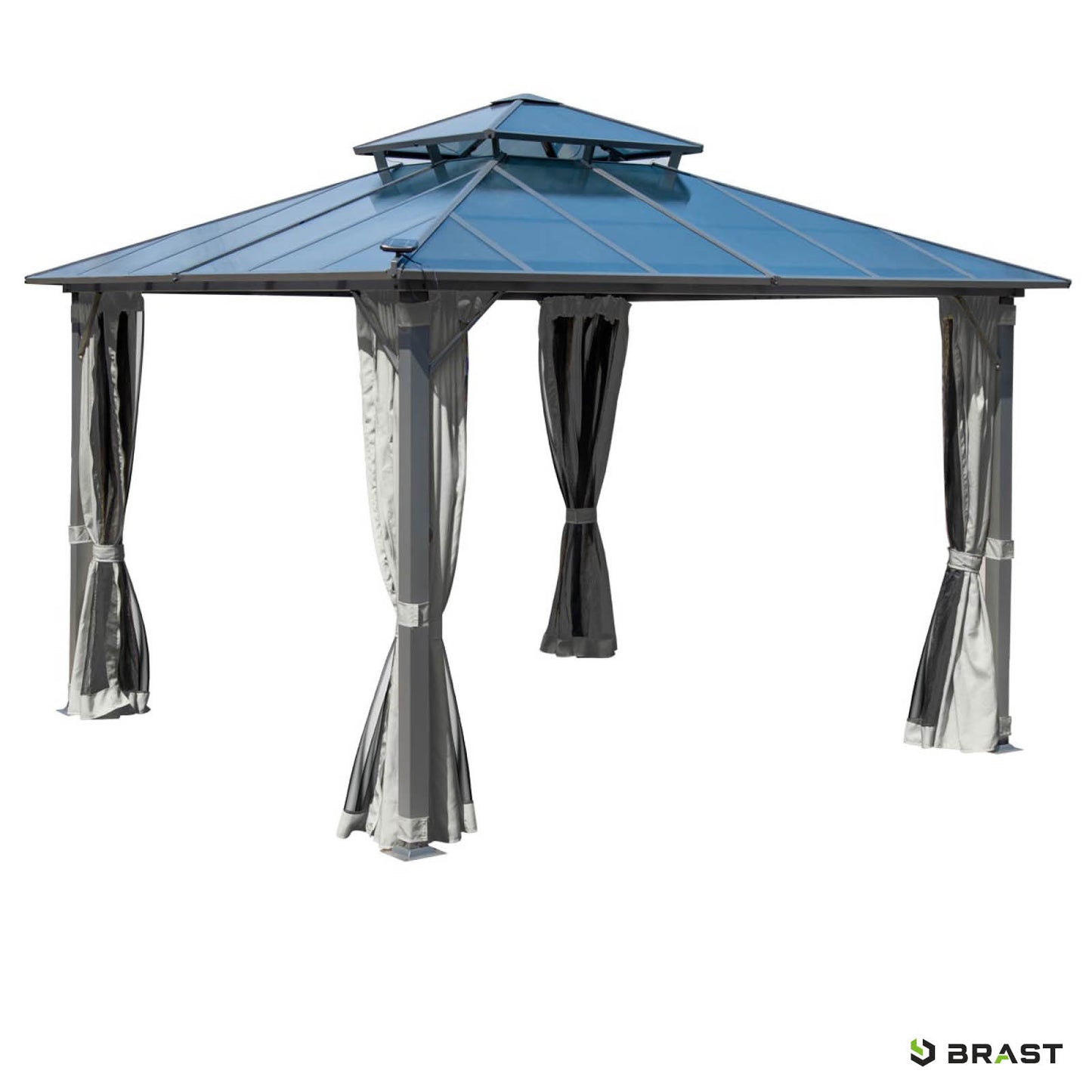 Hellgrauer Alu Gartenpavillon 3,5x3,5m mit Moskitonetz, LED-Beleuchtung, stabil, wasserdicht, winterfest, sturmfest,.