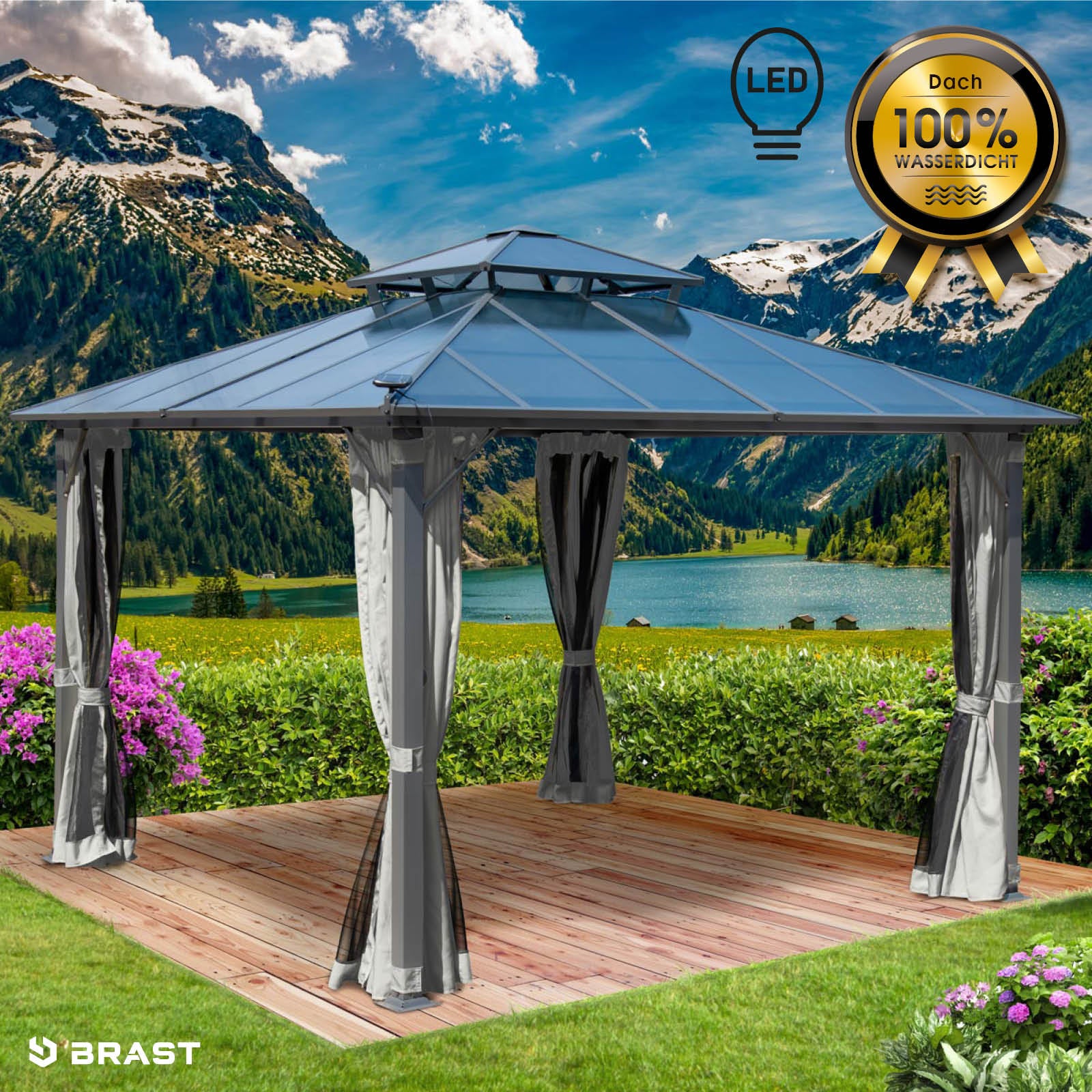 Hellgrauer Aluminium-Gartenpavillon 3,5x3,5 m mit Moskitonetz, LED-Beleuchtung, stabil, wasserdicht, ganzjährig, winterfest, .