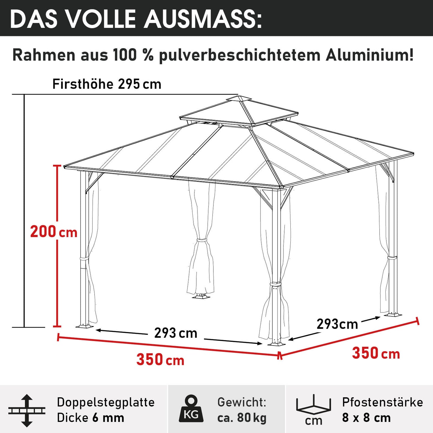 Hellgrauer aluminium gartenpavillon 3,5x3,5m mit sturmfestem und winterfestem rahmen, ganzjährig wasserdicht stabil.