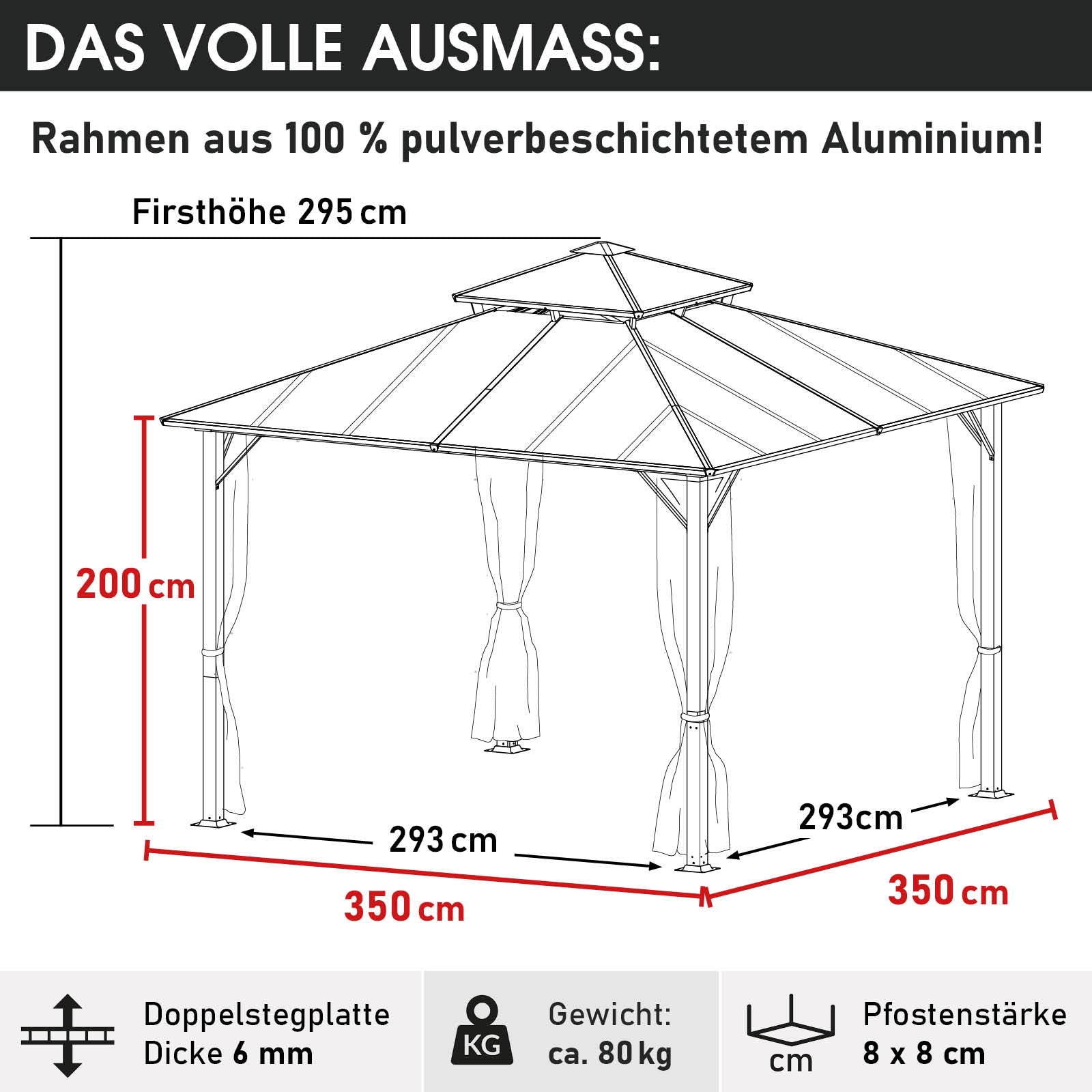 Hellgrauer aluminium gartenpavillon 3,5x3,5m mit sturmfestem und winterfestem rahmen, ganzjährig wasserdicht stabil.