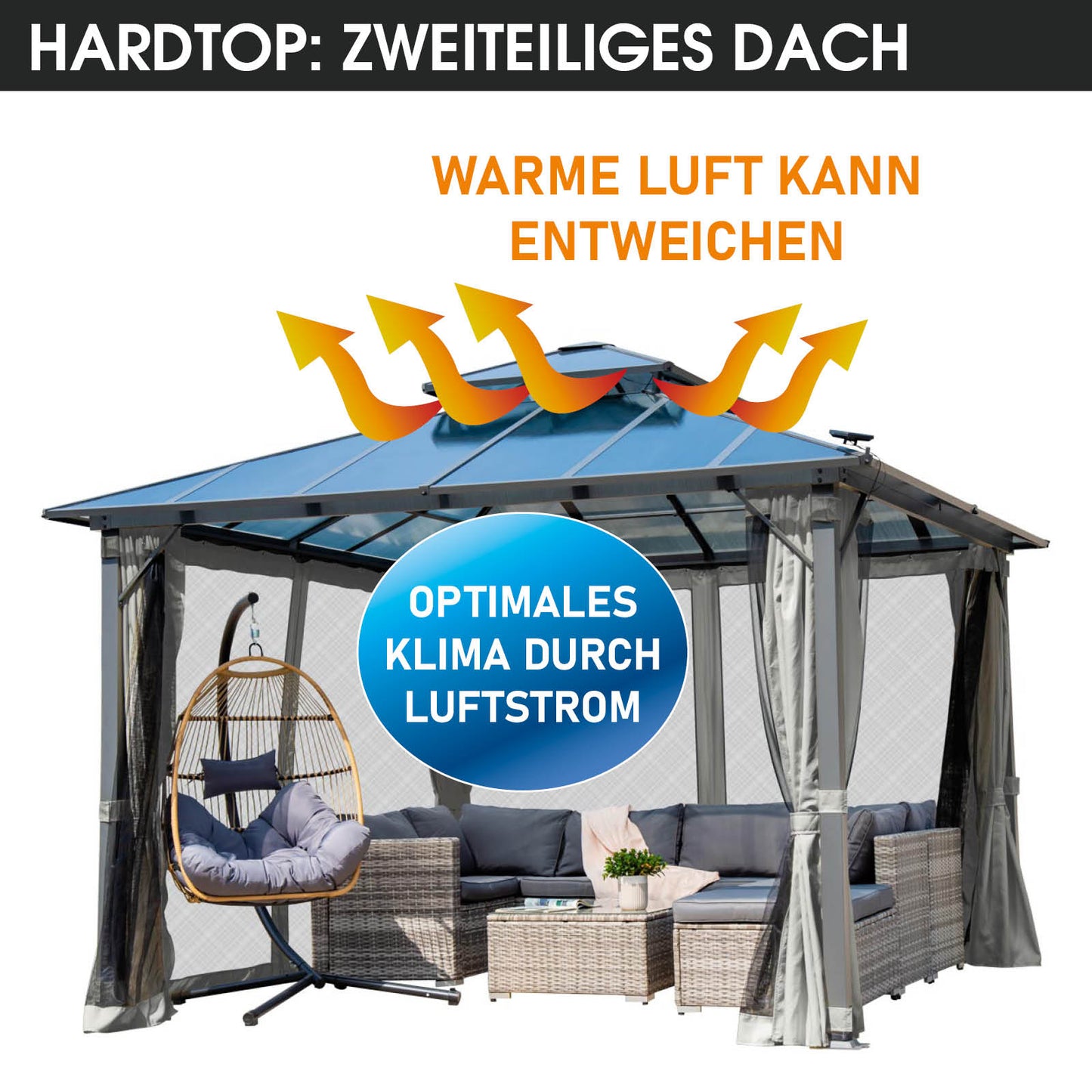 Hellgrauer Aluminium-Gartenpavillon 3,5x3,5m mit zweistöckigem Dach, Moskitonetz, LED-Beleuchtung, wasserdicht, stabil und.