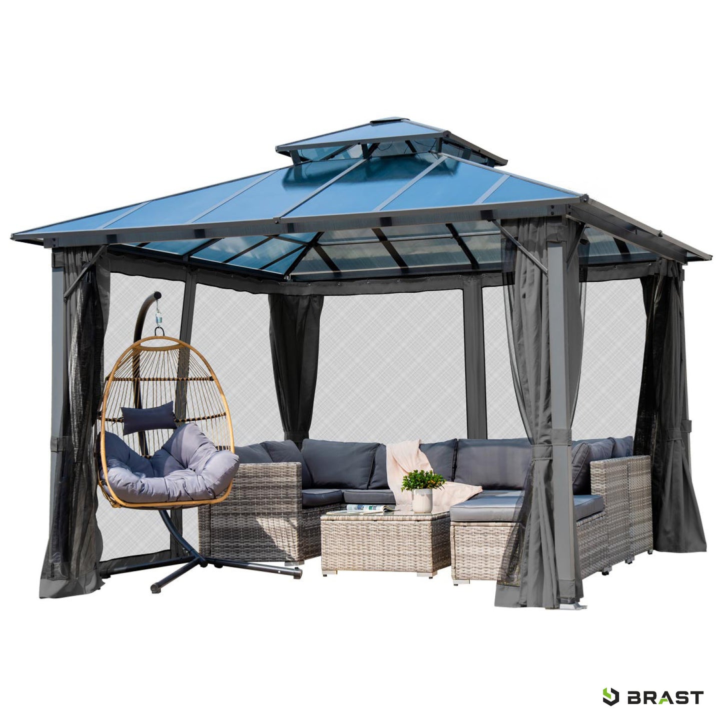 Dunkelgrauer Alu Gartenpavillon 3,5x3,5m mit Moskitonetz, sturmfest, winterfest, wasserdicht, stabil, ganzjährig nutzbar.