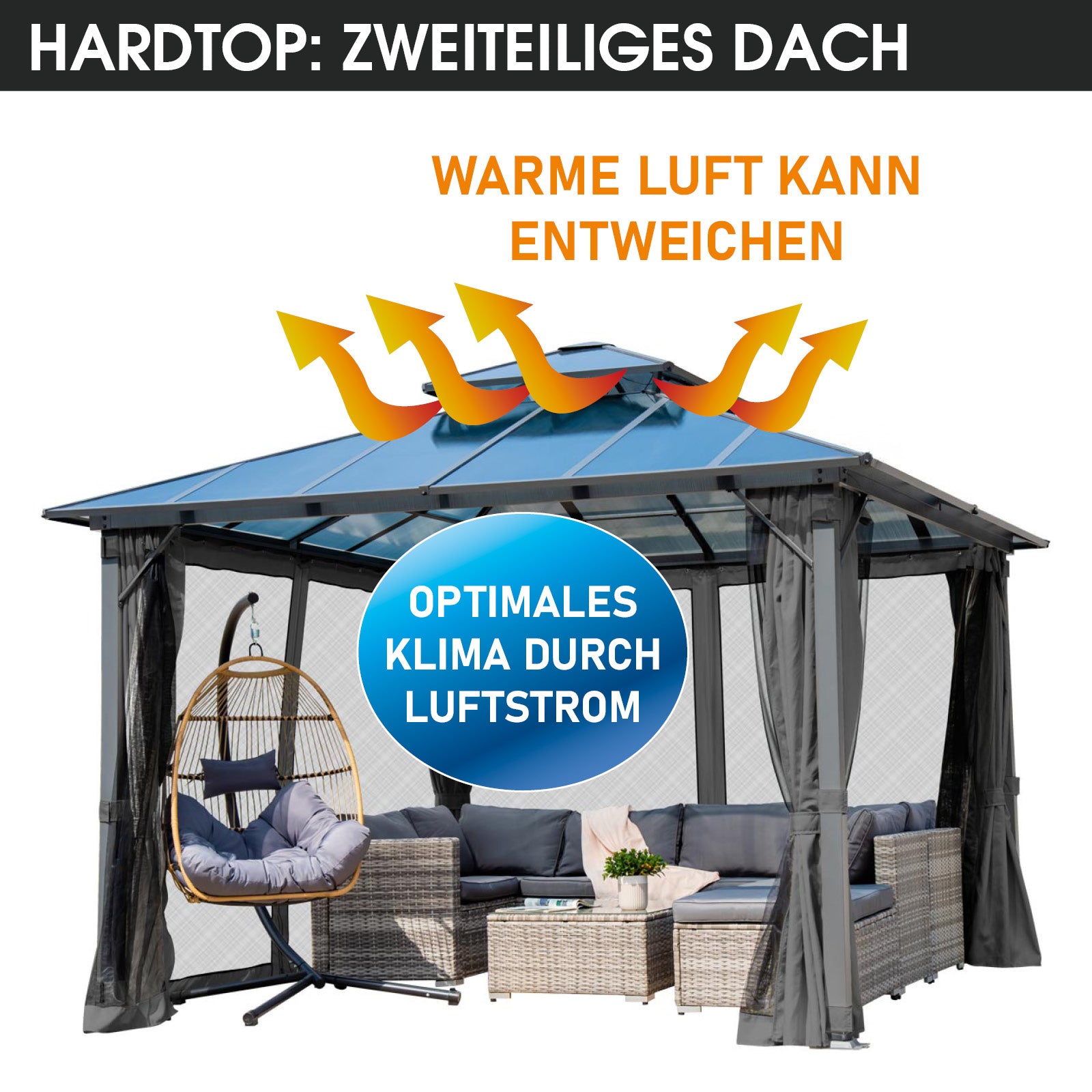 Dunkelgrauer Alu-Gartenpavillon 3,5x3,5 m mit Moskitonetz, sturmfest, winterfest, wasserdicht, stabil, ganzjährig nutzbar.