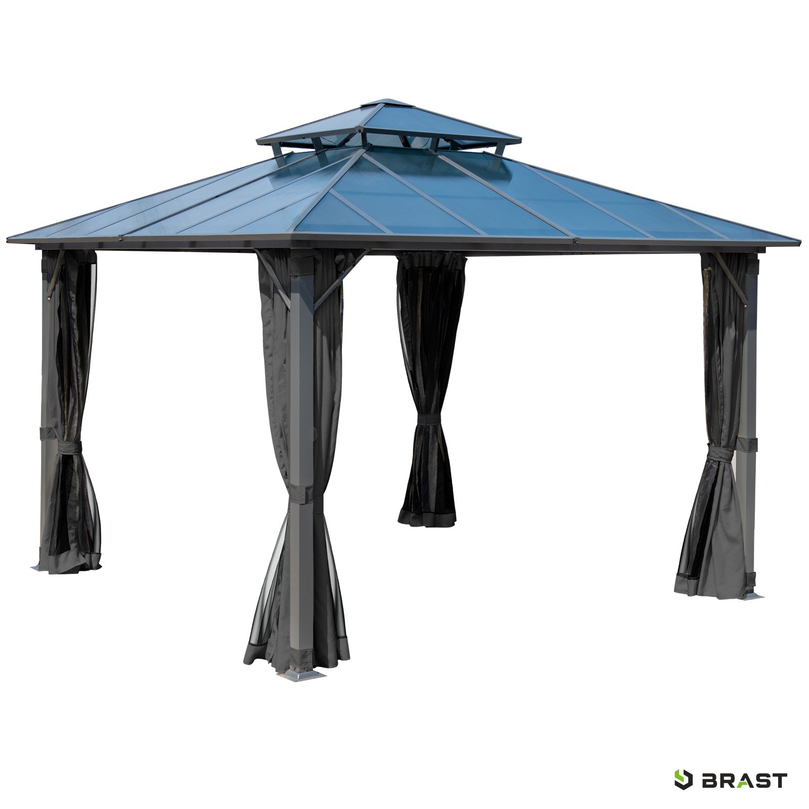 Dunkelgrauer Alu Gartenpavillon 3,5x3,5m mit Moskitonetz, wasserdicht, sturmfest und winterfest, stabil und ganzjährig.