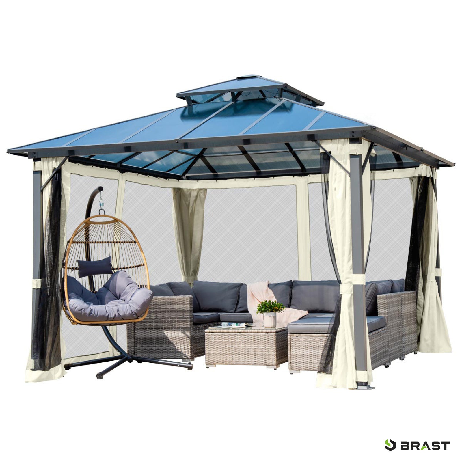 Beiger Alu Gartenpavillon 3,5x3,5m mit Moskitonetz, sturmfest, winterfest und wasserdicht, stabil und ganzjährig nutzbar.