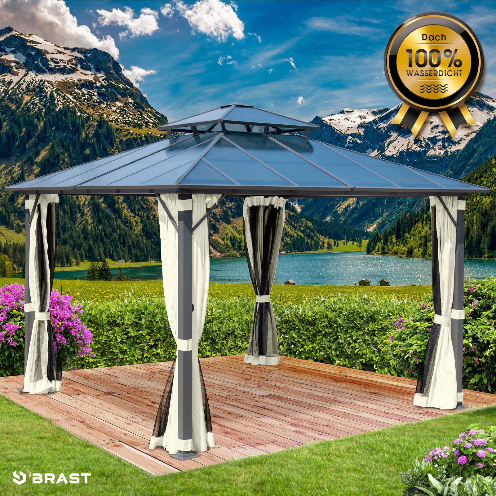 Beiger Alu Gartenpavillon 3,5x3,5m mit Moskitonetz, sturmfest, wasserdicht, stabil und winterfest.