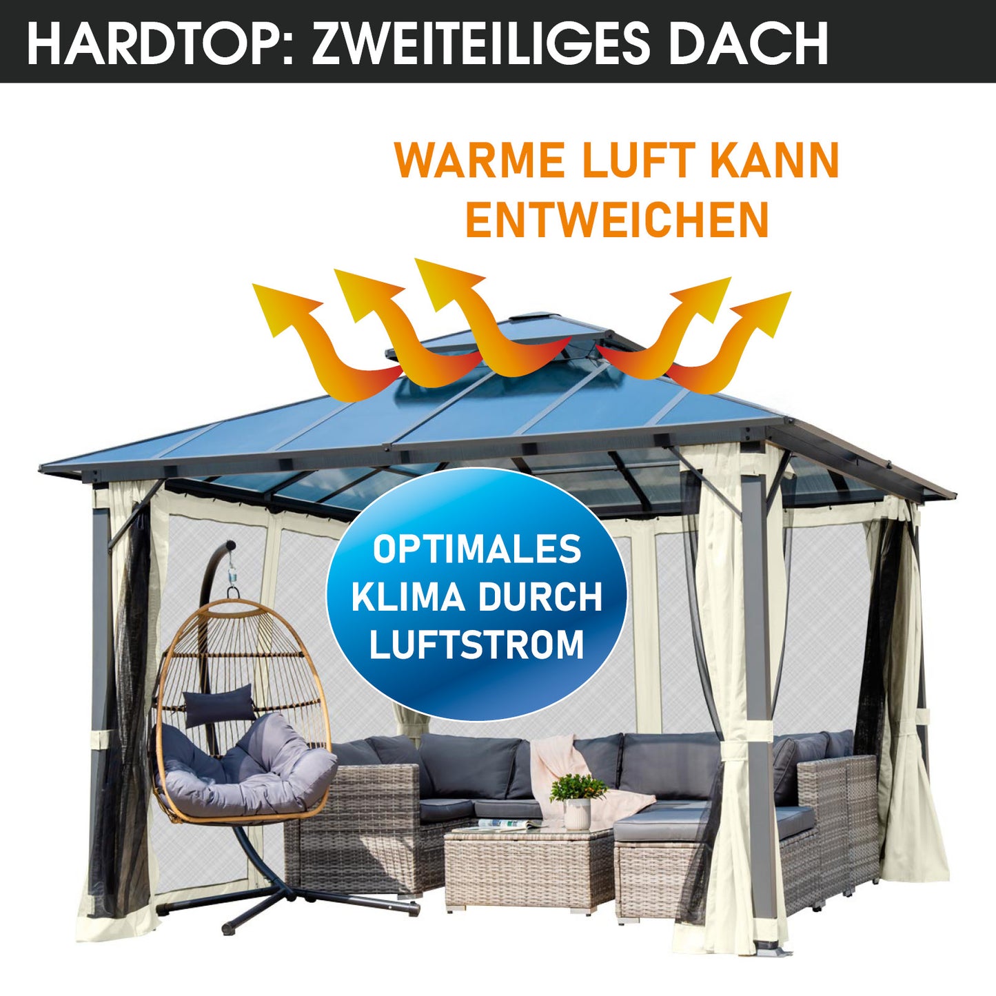Beiger Aluminium Gartenpavillon 3,5x3,5m mit zweilagigem Hardtop-Dach, Moskitonetz, sturmfest, winterfest, ganzjährig.