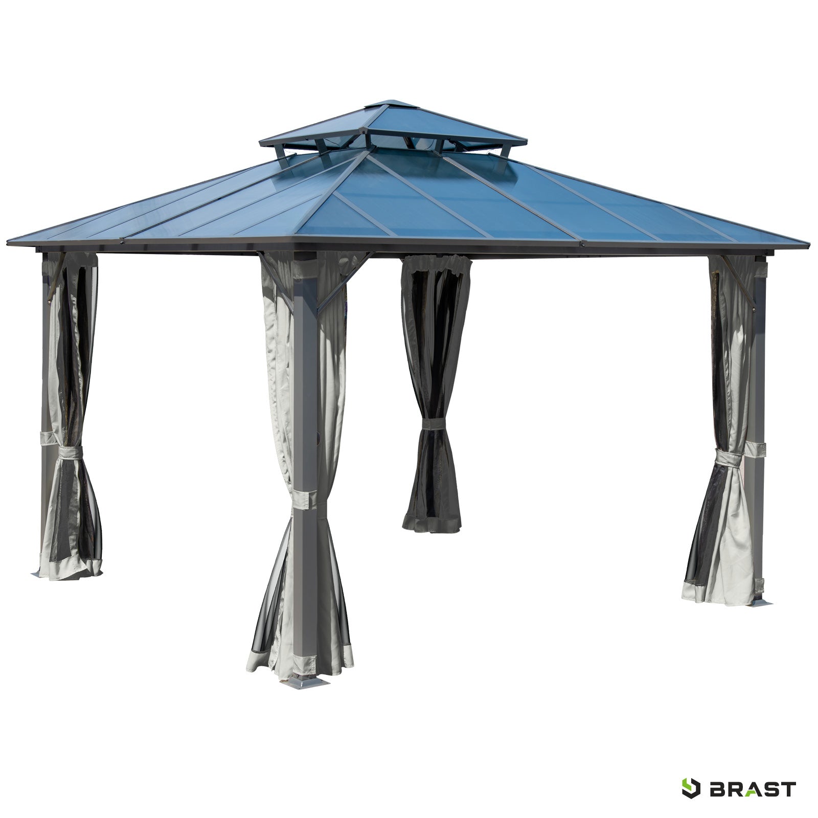 Hellgrauer Alu Gartenpavillon 3,5x3,5m mit Moskitonetz, wasserdicht, sturm- und winterfest, stabil ganzjährig nutzbar.