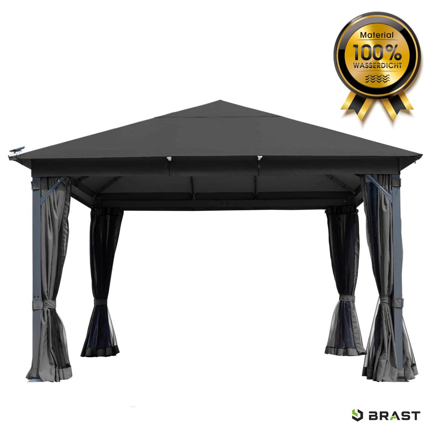 Dunkelgrauer Aluminium Gartenpavillon 3x4m mit wasserdach, stabil, sturmfest und winterfest, ganzjährig nutzbar.