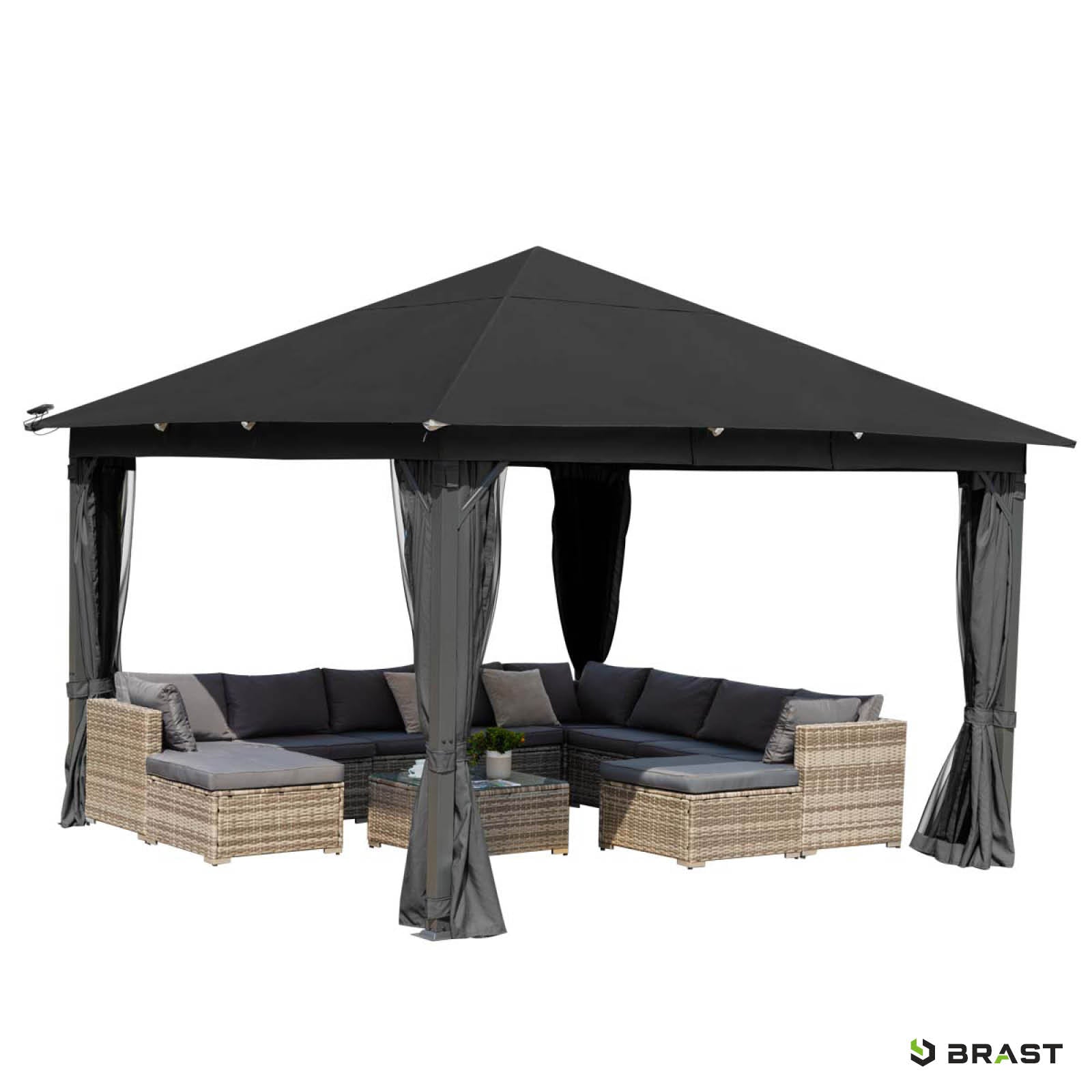 Dunkelgrauer Aluminium Gartenpavillon 3x4m, wasserdicht, sturmfest, winterfest, stabil, ganzjährig nutzbar.