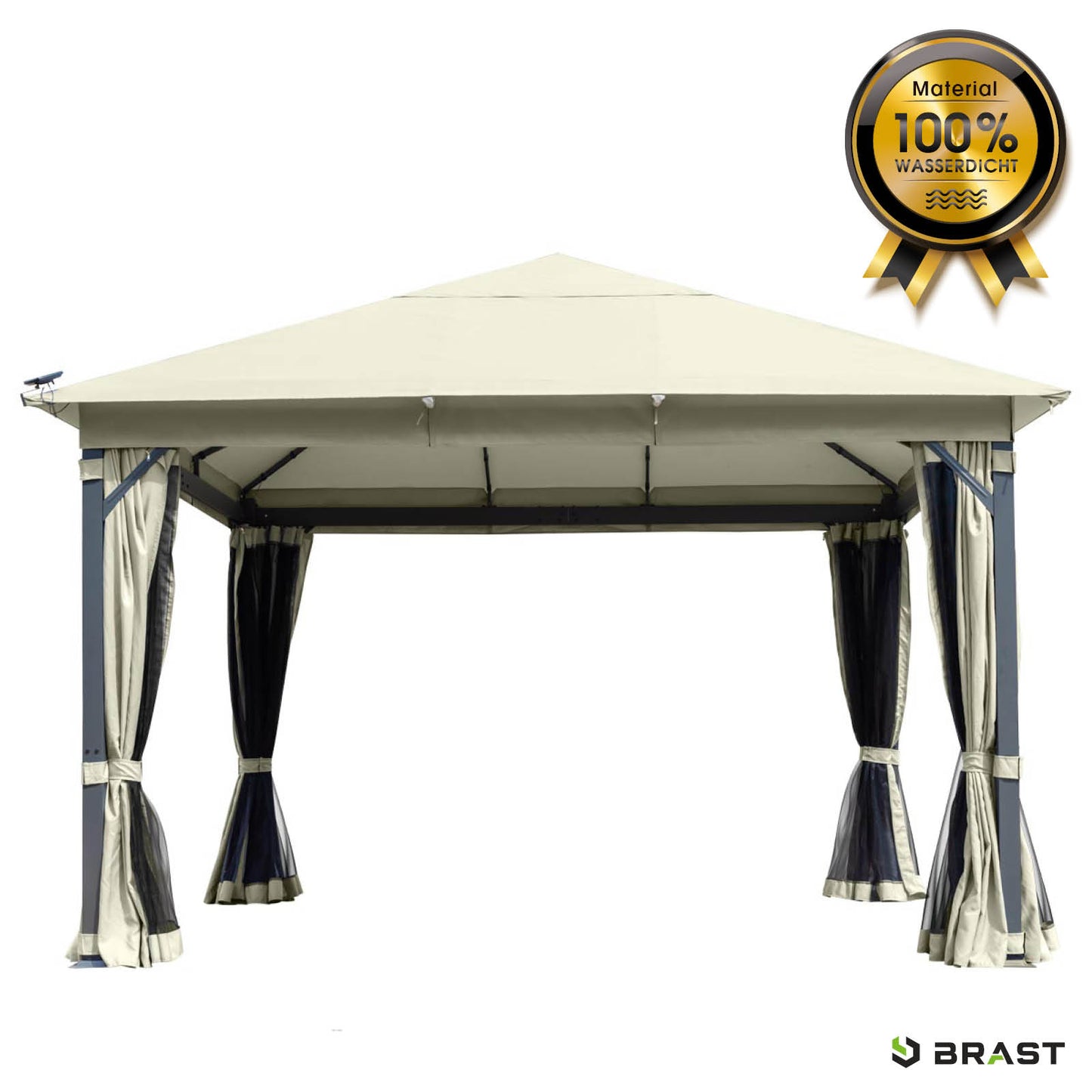 Beiger Aluminium-Gartenpavillon 3x4m mit wasserdichtem, sturmfestem und winterfestem Dach, stabiler Ganzjahres-Pavillon.