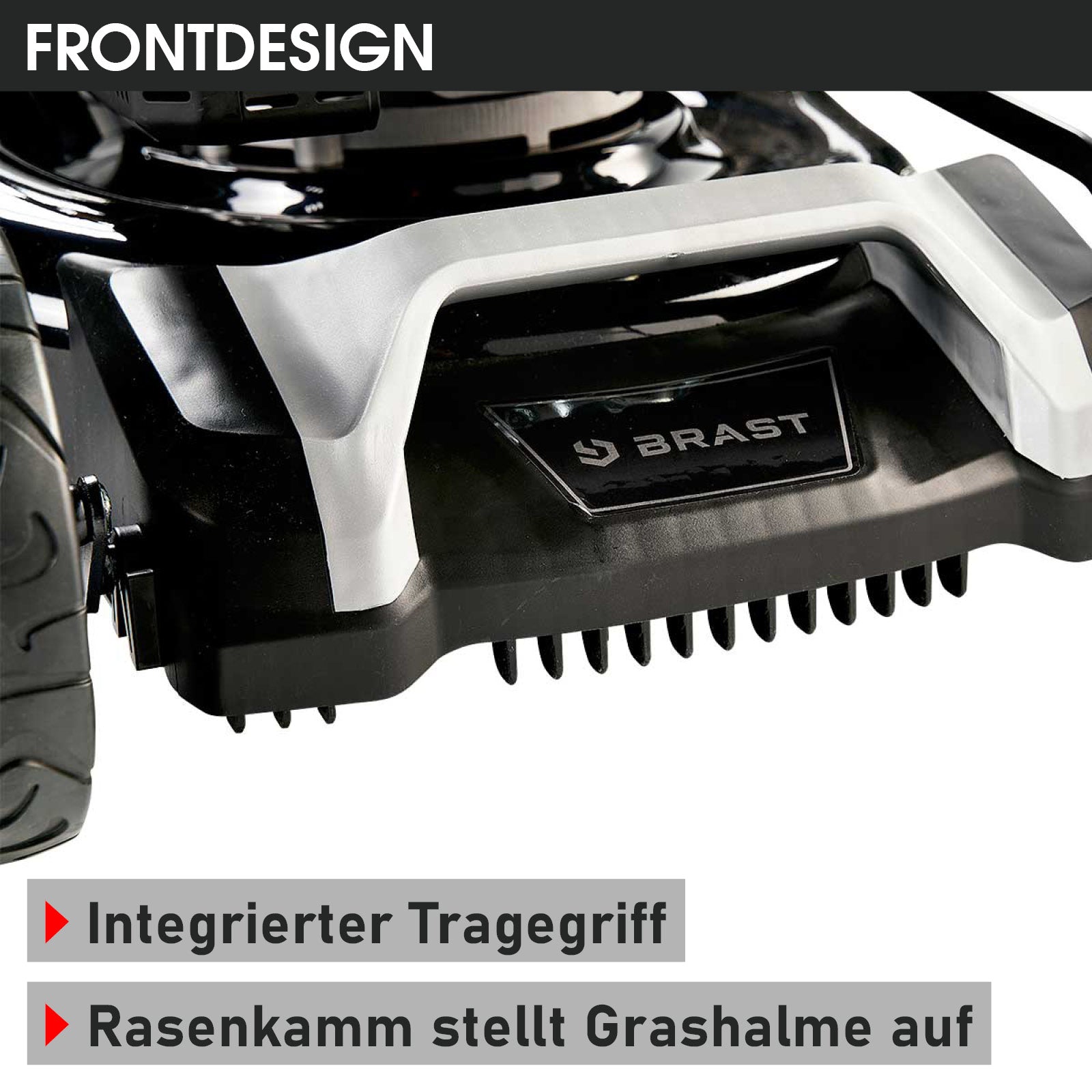 Schwarzer BRAST Benzin-Rasenmäher mit integriertem Tragegriff und Rasenkamm zur Grasaufrichtung.