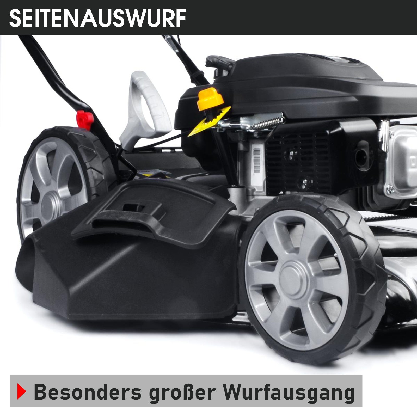 Schwarzer BRAST Benzin-Rasenmäher mit großem seitlichem Wurfauswurf und robusten grauen Rädern.