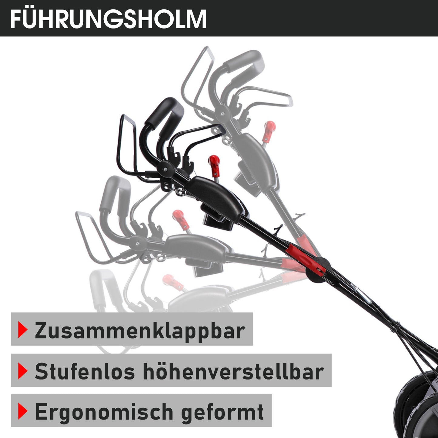 Schwarzer klappbarer Führungsholm mit ergonomischem Griff und verstellbarem roten Hebel am Benzinrasenmäher.