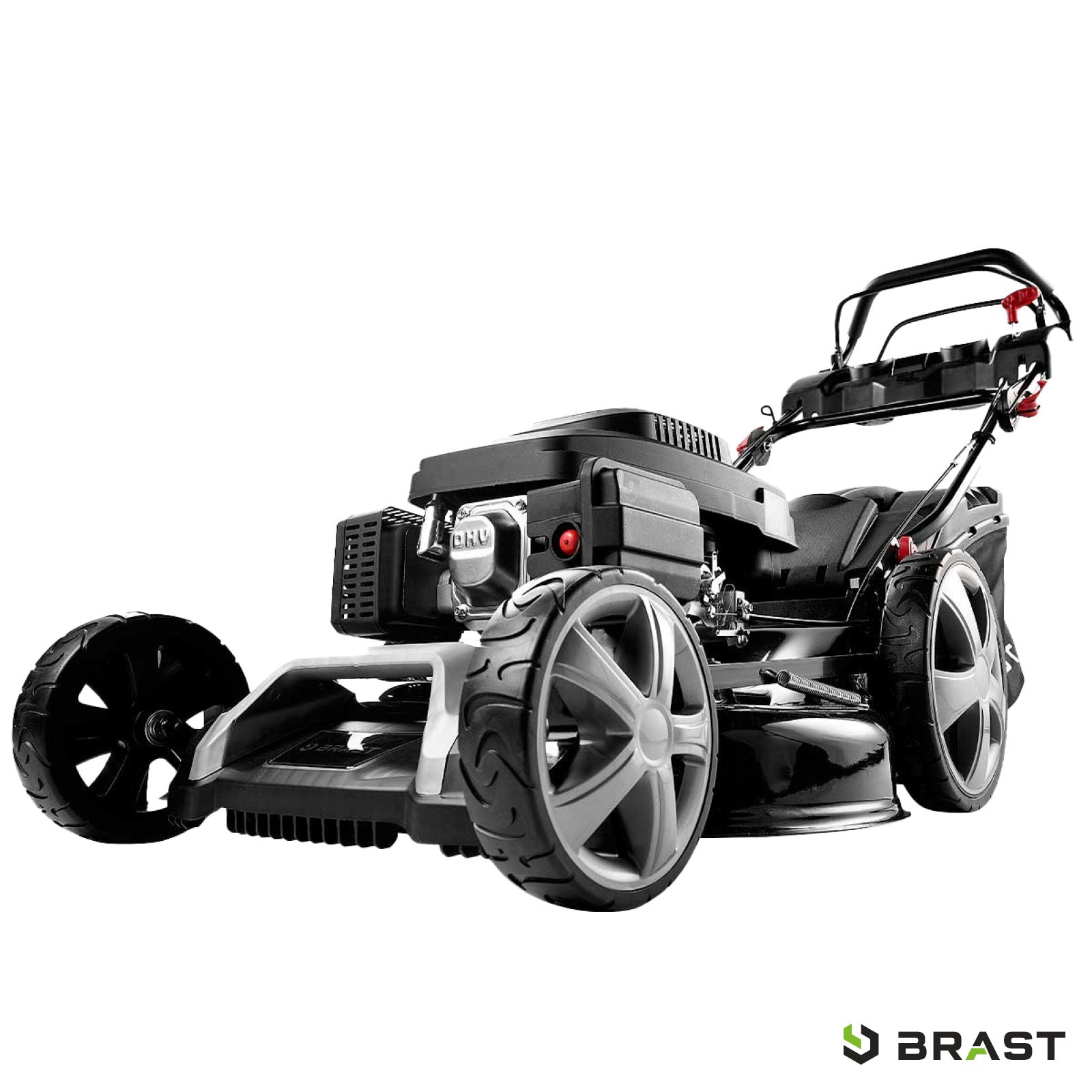 Schwarzer BRAST Benzin-Rasenmäher mit großem Antriebshinterrad und zusammenklappbarem Griff.
