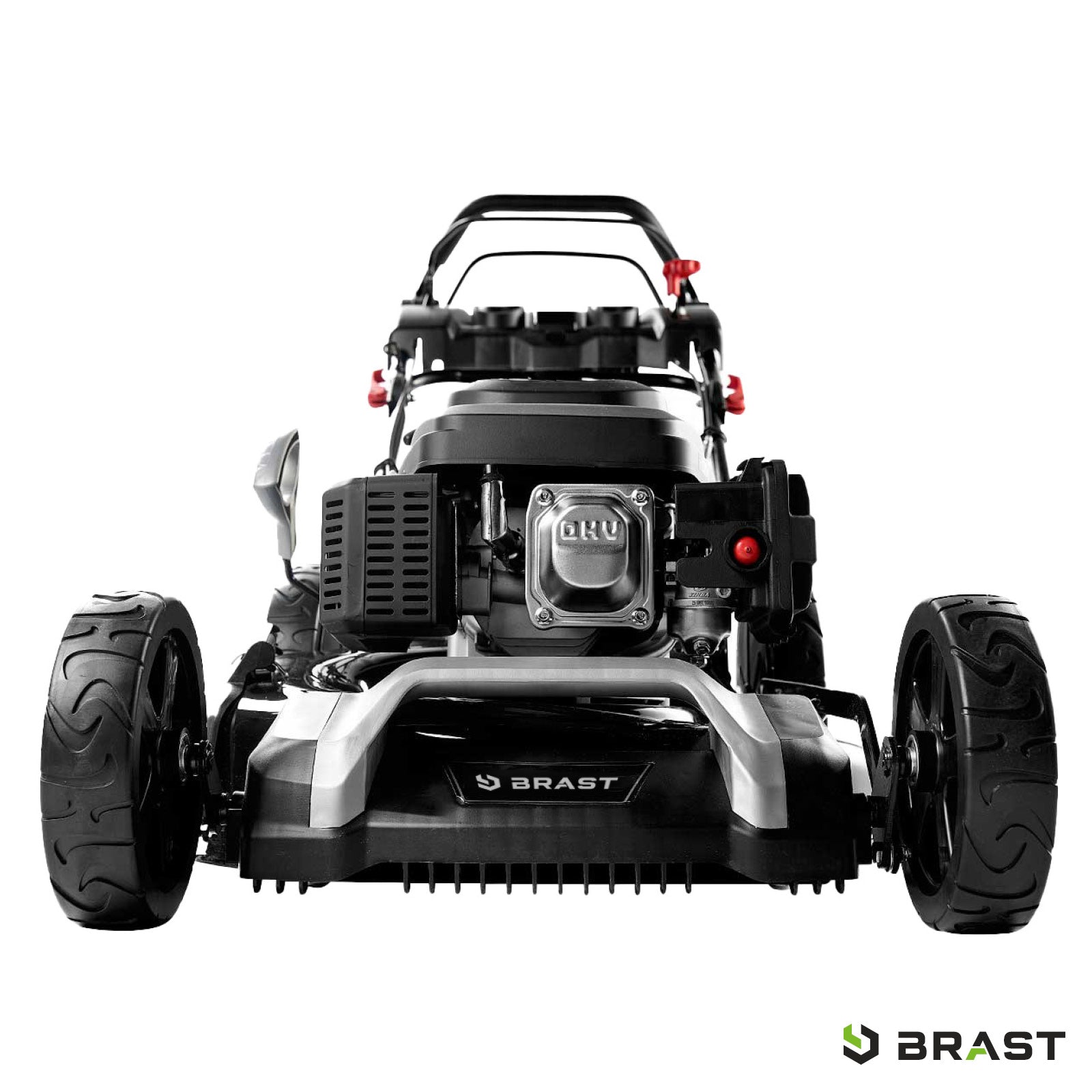 Benzinrasenmäher Brast mit 21-Zoll Schnittbreite, 7-PS-Motor, Mulchfunktion und Antrieb, schwarz-silberfarben.