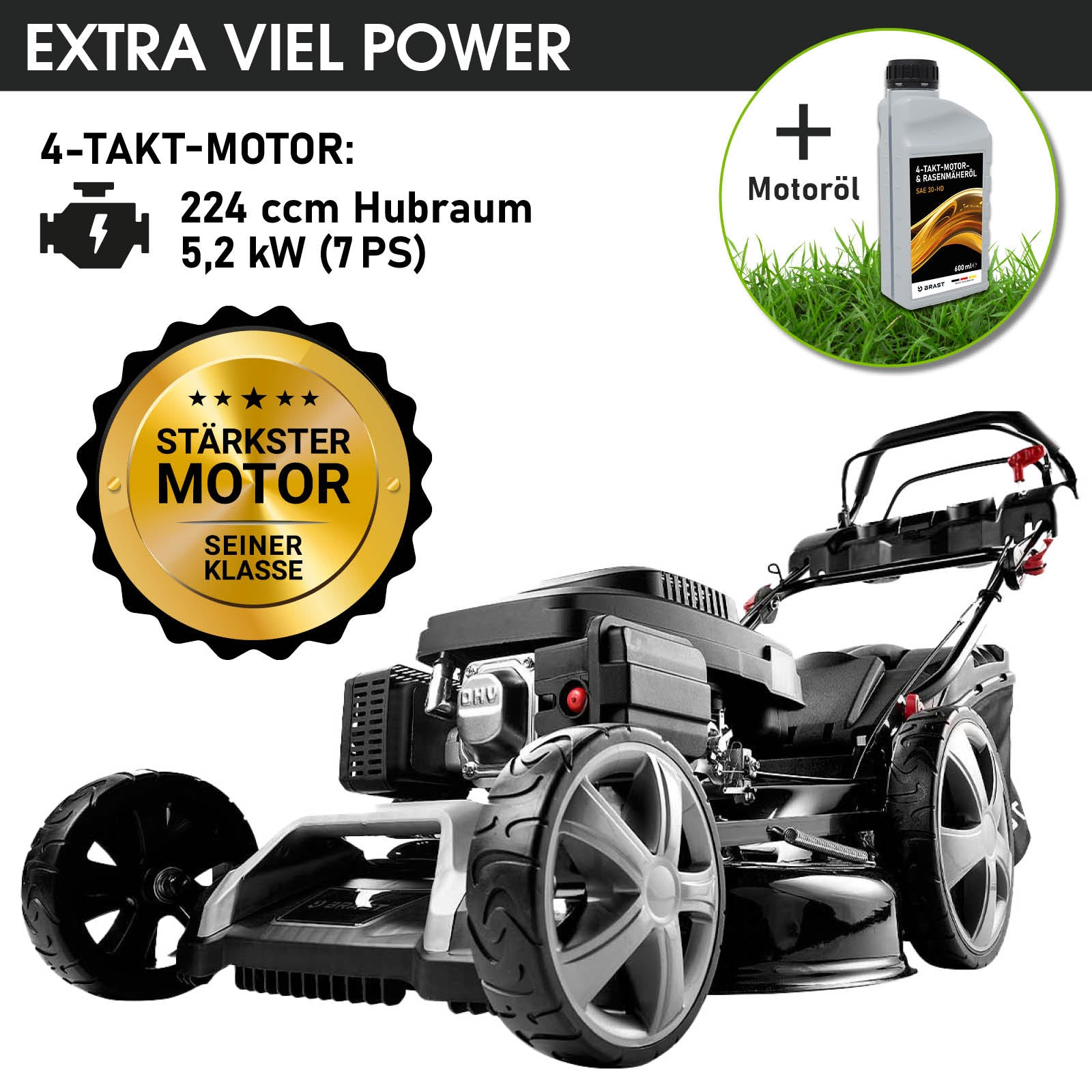 Benzinrasenmäher mit großem 4-Takt-Motor, 224 cm³, 7 PS, 21 Zoll, inkl. Motoröl.