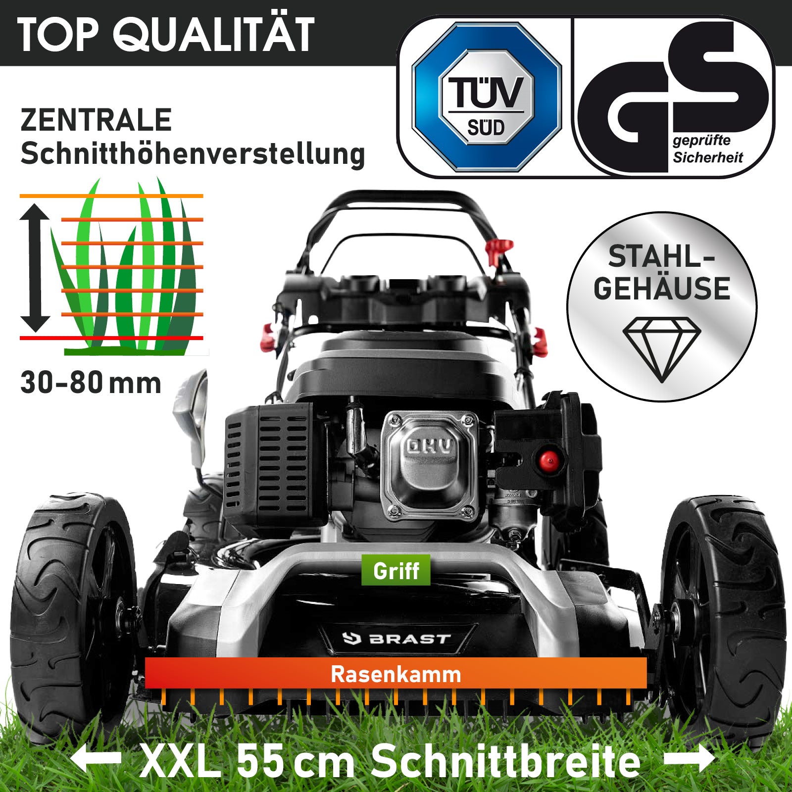 Benzin-Rasenmäher mit Stahlgehäuse, 7 PS Motor, 55 cm Schnittbreite, zentrale Schnitthöhenverstellung.
