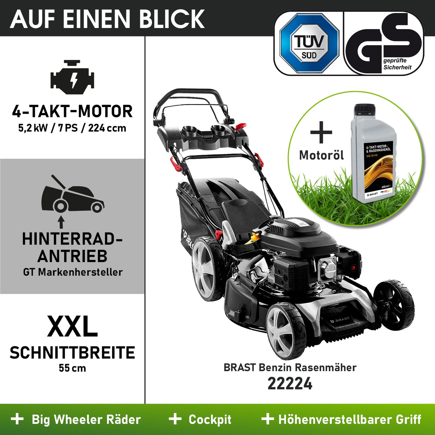 Schwarzer BRAST Benzin-Rasenmäher mit 4-Takt-Motor, 55 cm Schnittbreite, Hinterradantrieb und Motorölflasche.