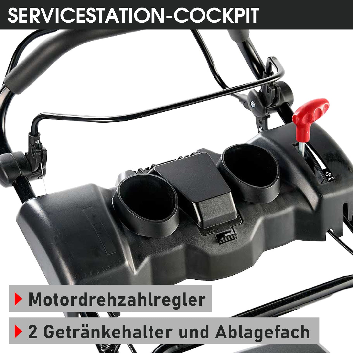 Benzin Rasenmäher Cockpit mit Motordrehzahlregler, zwei Getränkehaltern und Ablagefach in Schwarz.