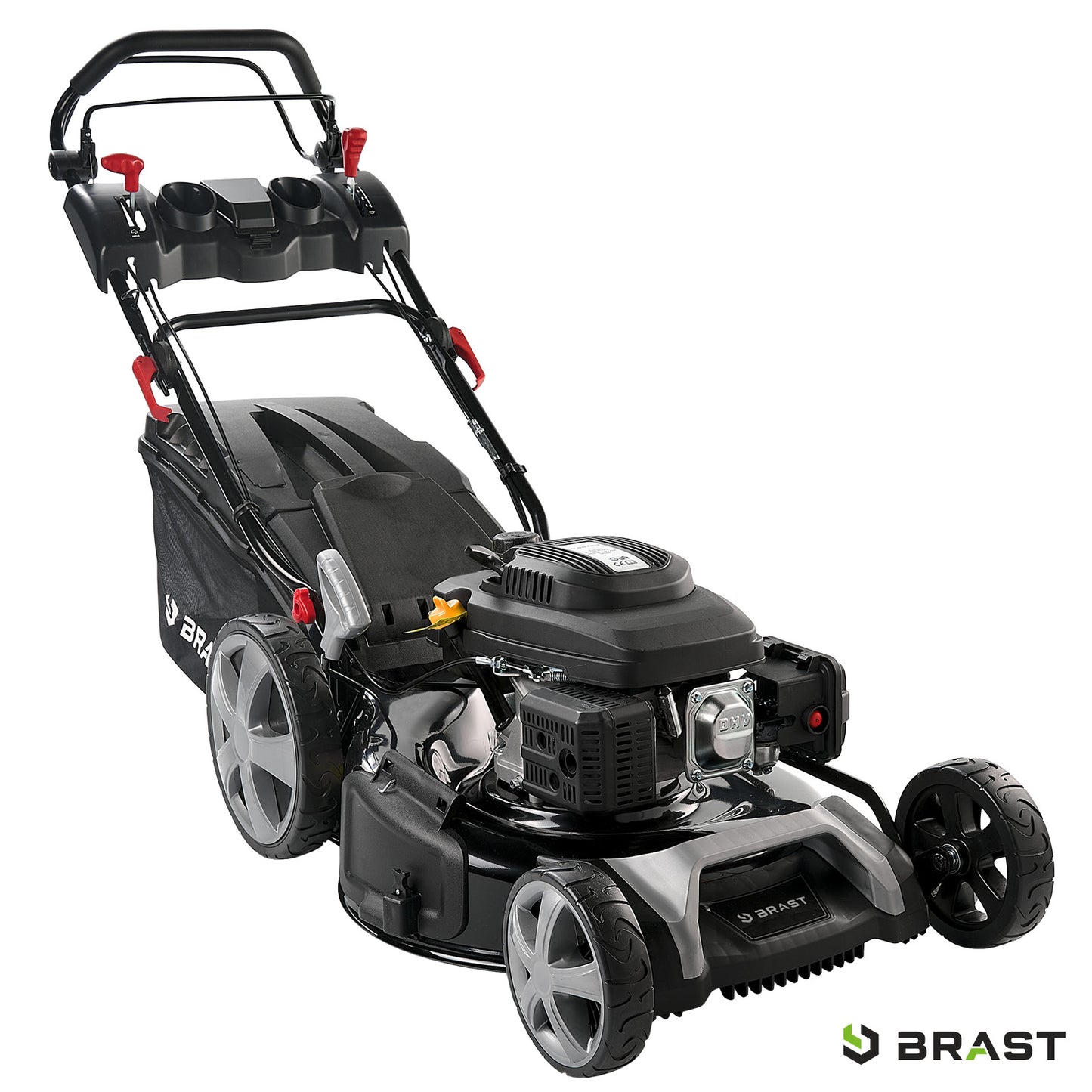 Benzin-Rasenmäher schwarz-grau mit 21-Zoll Schnittbreite, praktischem Mulchsystem und Fangkorb.