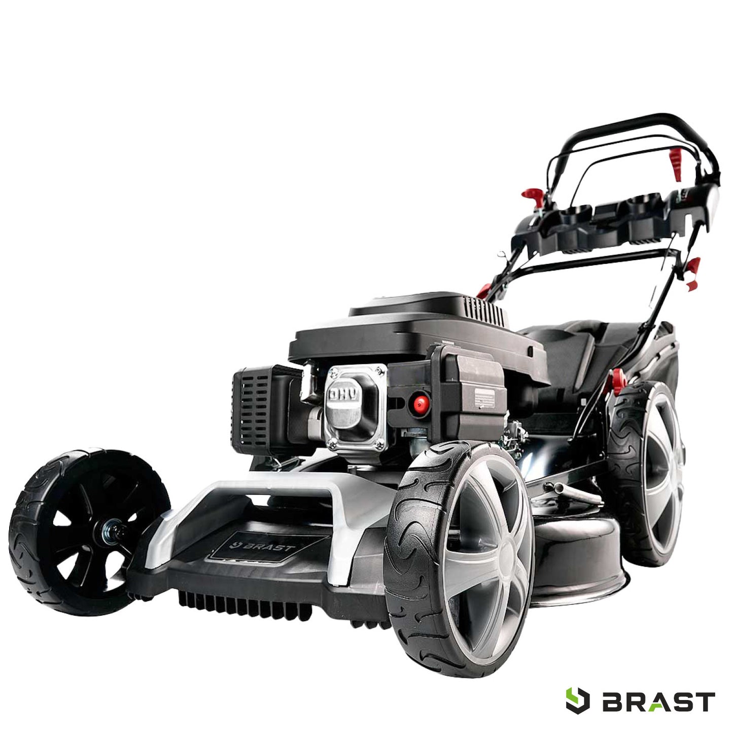 Benzin-Rasenmäher mit großem schwarzen Motor, breiten grauen Rädern und klappbarem Griff.