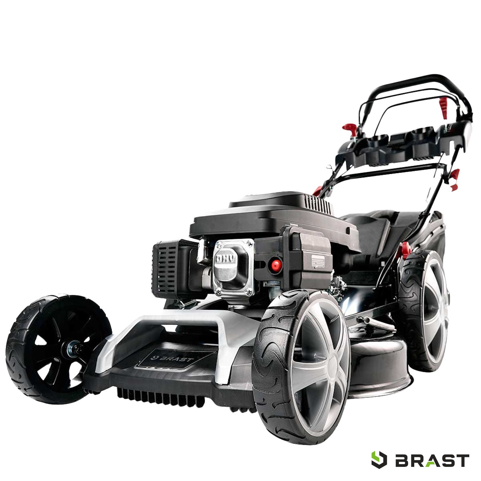 Benzin-Rasenmäher mit großem schwarzen Motor, breiten grauen Rädern und klappbarem Griff.