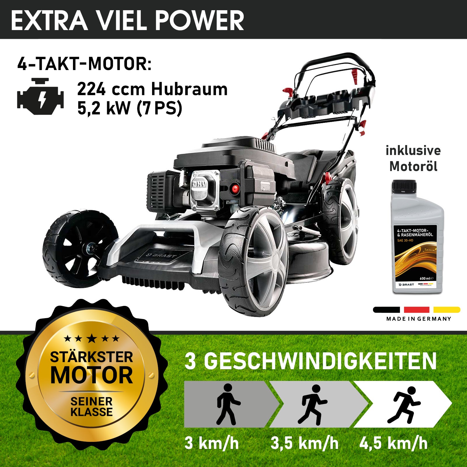 Benzin-Rasenmäher BRAST 22224 SPEED mit 224 cm³ Motor, drei Geschwindigkeiten und Motorölflasche.