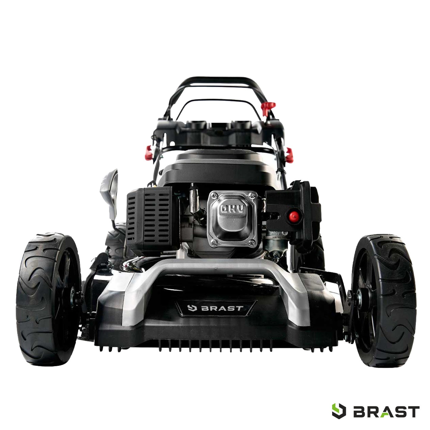 Benzin-Rasenmäher BRAST 22224 SPEED mit schwarzem Lenker und grauem Metallgehäuse, breitere Hinterräder, Motor sichtbar.