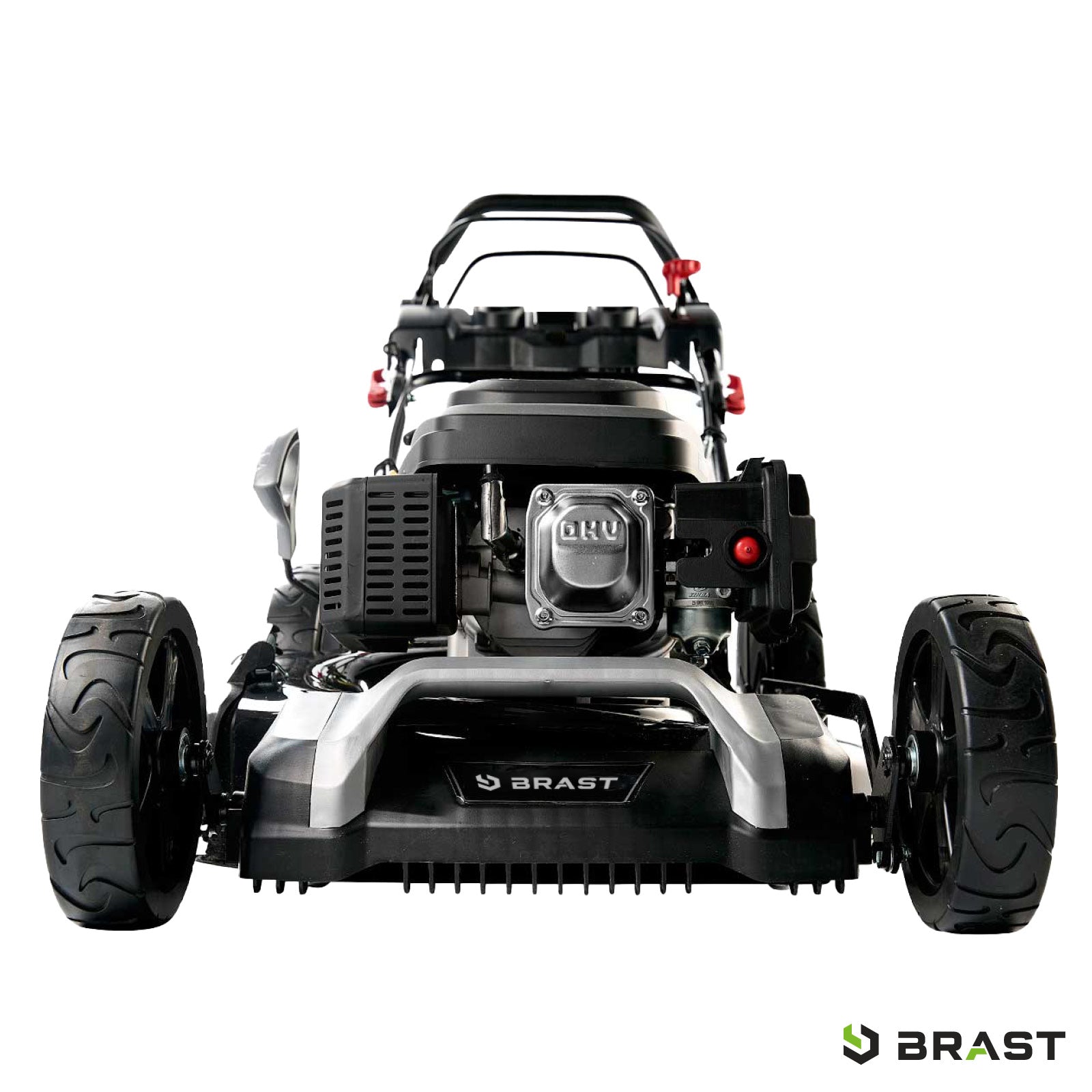 Benzin-Rasenmäher BRAST 22224 SPEED mit schwarzem Lenker und grauem Metallgehäuse, breitere Hinterräder, Motor sichtbar.