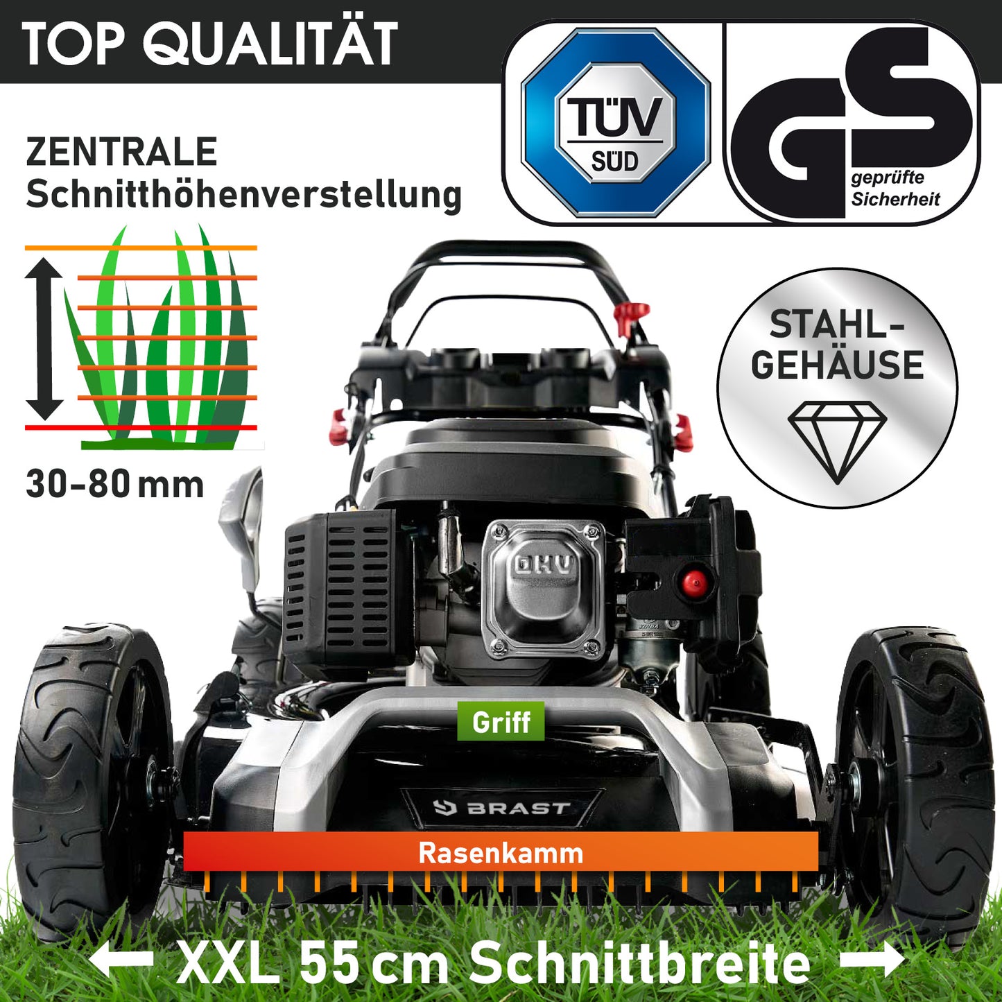 Benzin Rasenmäher mit 55 cm Schnittbreite, Stahlgehäuse, zentraler Schnitthöhenverstellung und Griff.