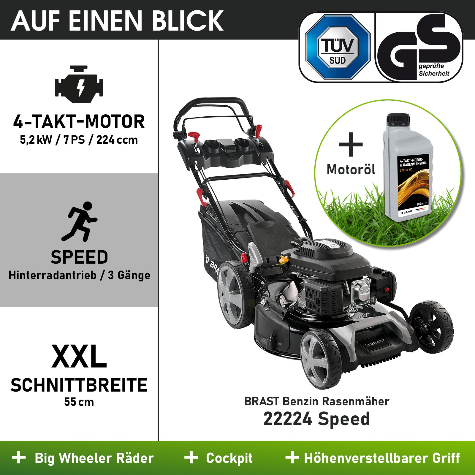 Schwarzer Benzin-Rasenmäher mit 55 cm Schnittbreite, 4-Takt-Motor, großen Rädern und verstellbarem Griff.