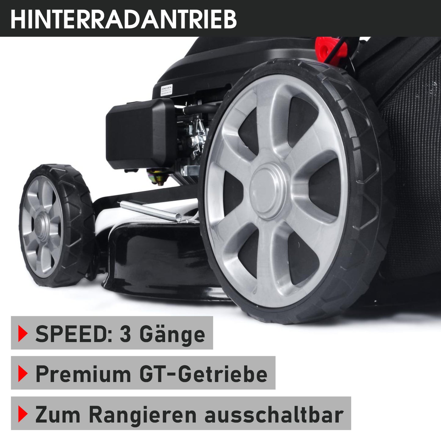 Schwarzer Benzin-Rasenmäher mit großem Hinterrad, Antrieb und 3-Gang-Speed-Schalter.