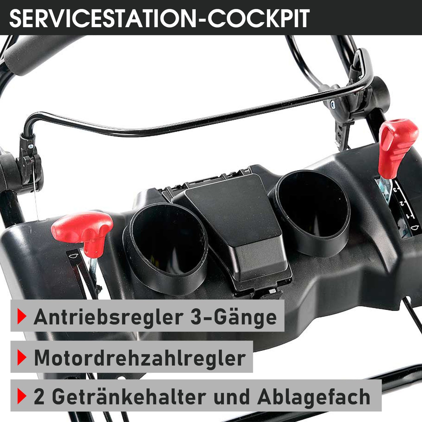 Bedienfeld des BRAST Benzin Rasenmähers 22224 SPEED mit 3-Gang-Antriebsregler und Getränkehaltern.