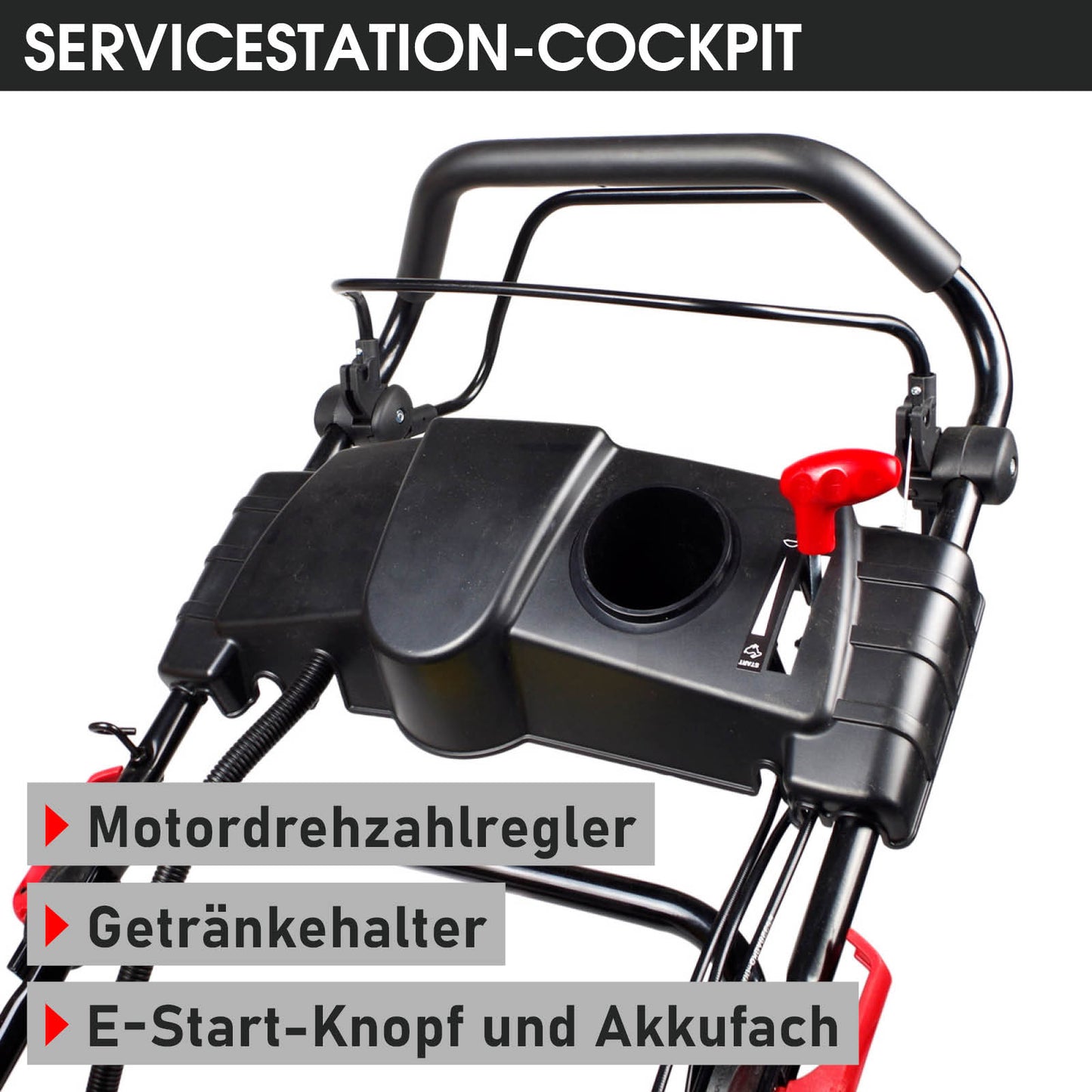 Schwarzer Benzin-Rasenmäher mit 21-Zoll Schnittbreite, E-Start-Knopf, Motoröl, Getränkehalter und Motordrehzahlregler.