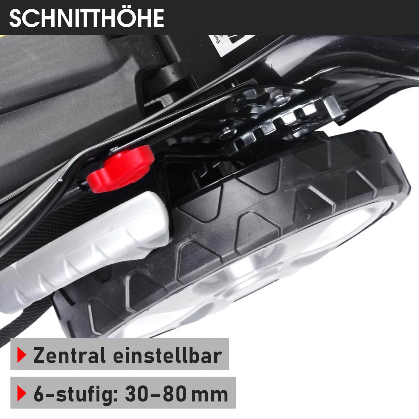 Schwarzer Benzin-Rasenmäher mit rotem Höhenverstellrad und großen Profilrädern.