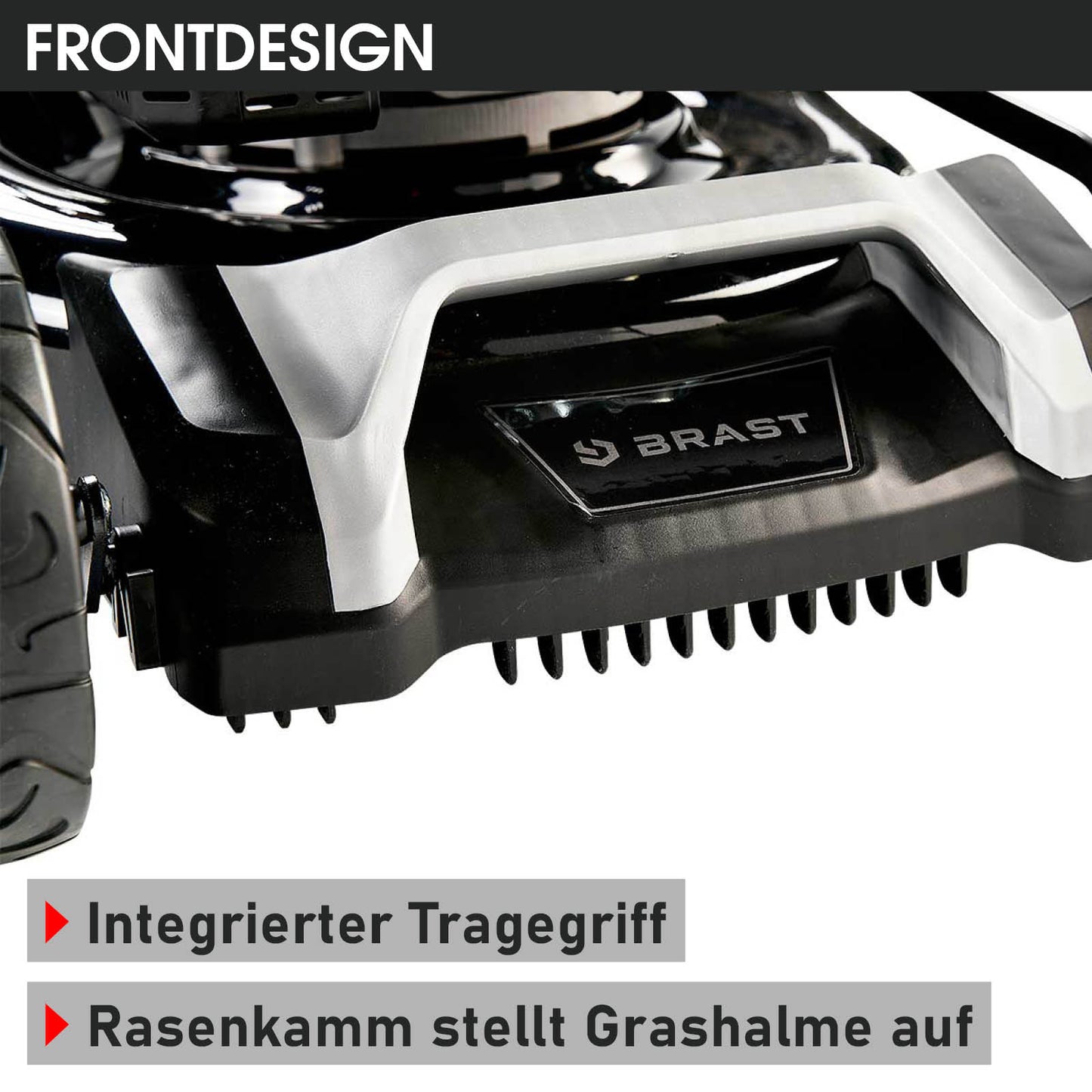 Schwarzer BRAST Benzin Rasenmäher mit integriertem Tragegriff und Rasenanziehhilfe vorne.