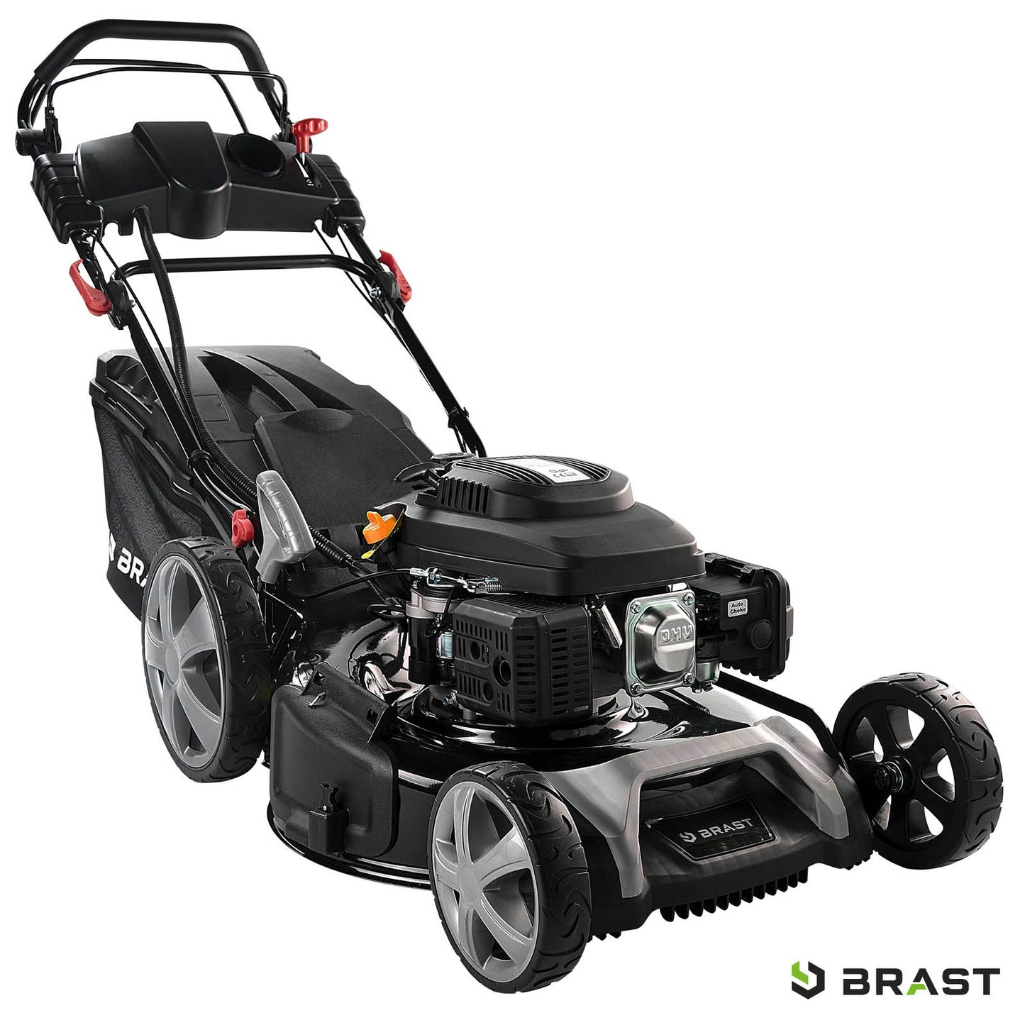 Schwarzer BRAST Benzin-Rasenmäher mit großem Fangkorb, 21 Zoll Schnittbreite, Mulchfunktion und E-Start.