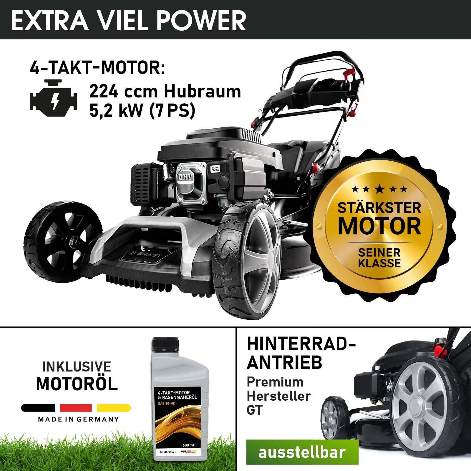 Benzin Rasenmäher mit 224 cm³ 4-Takt-Motor, Hinterradantrieb, inkludiert Motoröl, schwarz-rotes Design.