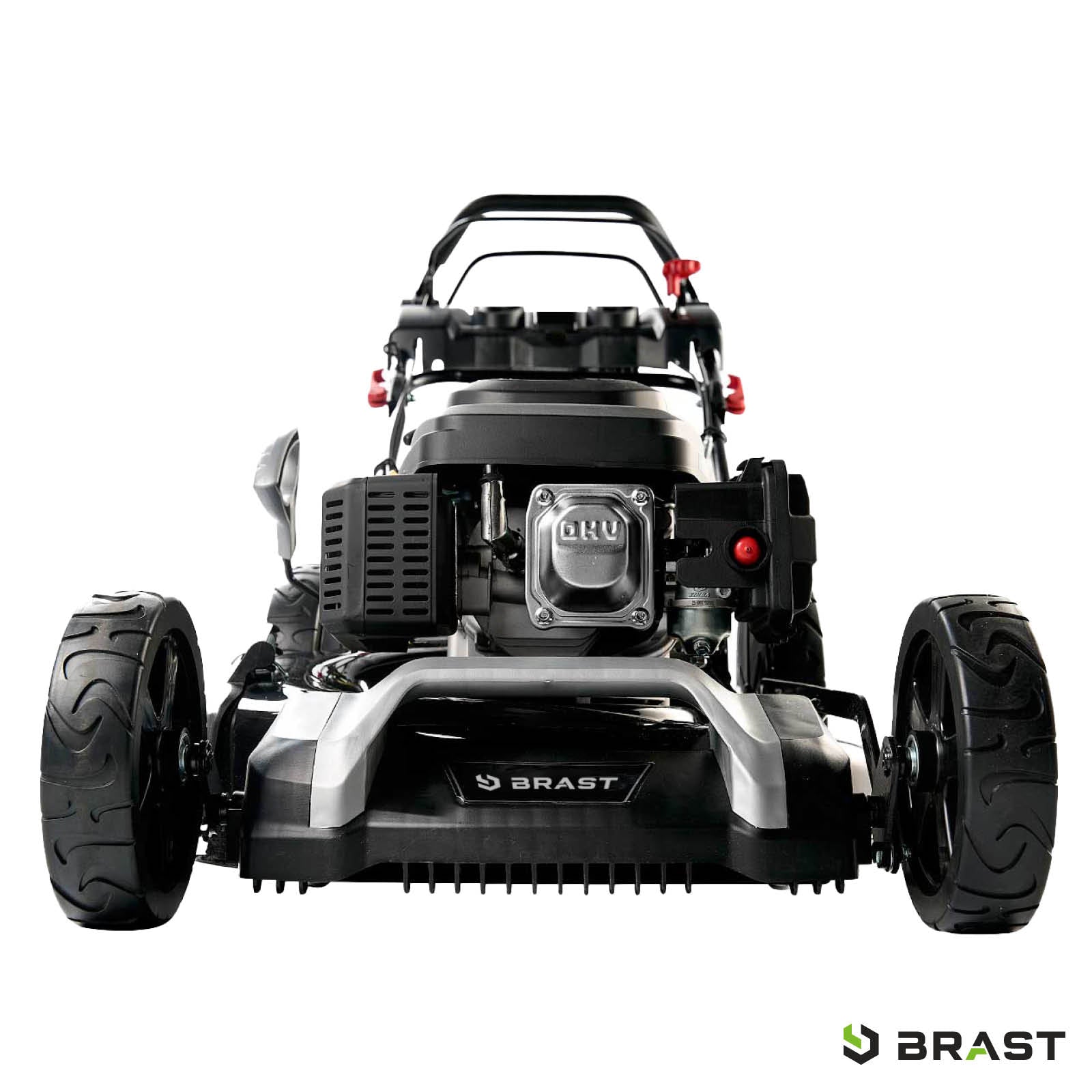 Benzin-Rasenmäher BRAST 22224 mit schwarzem Griff, großem Motor und robusten hinteren Rädern.