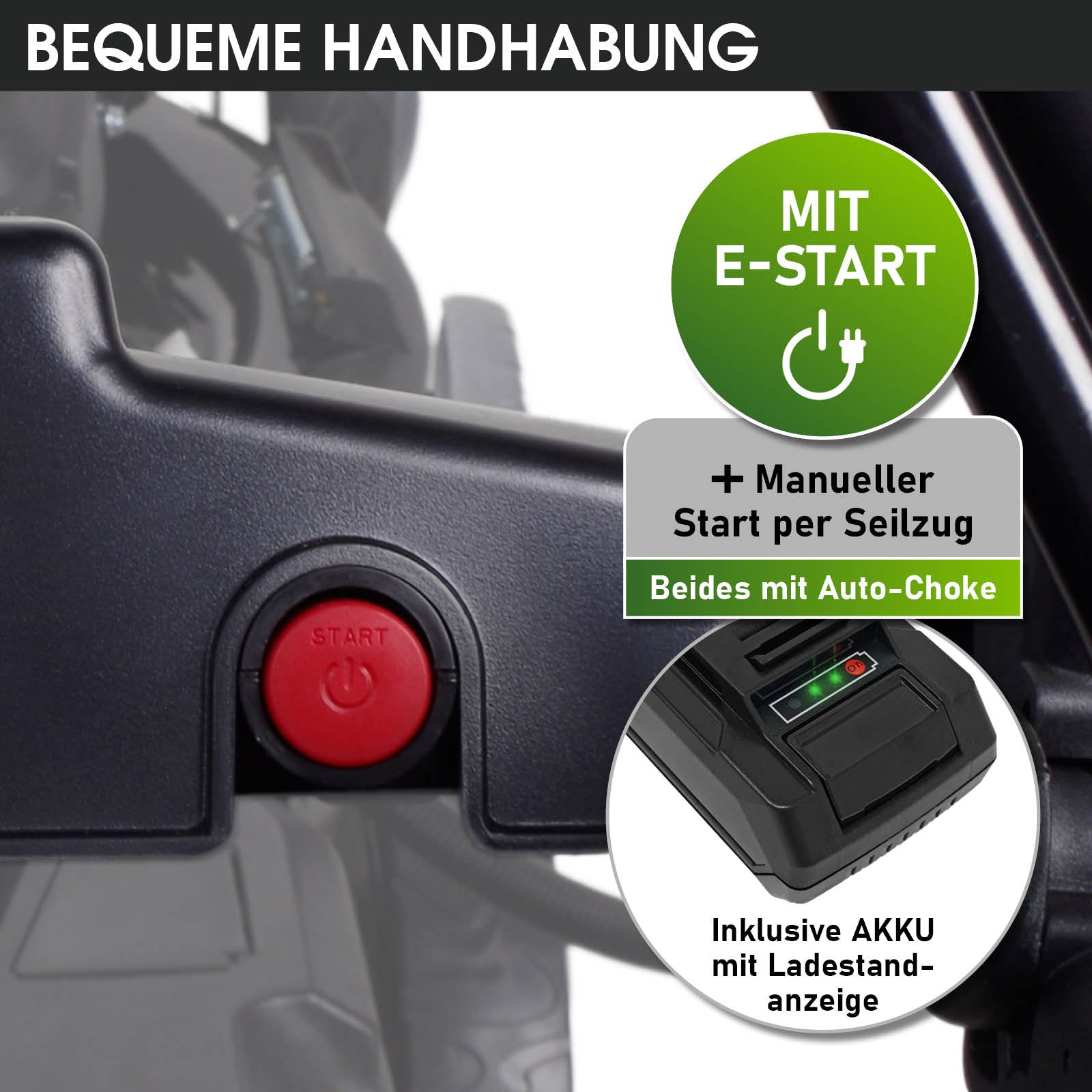 Roter Startknopf am schwarzen Griff mit Hinweis auf E-Start und manuellen Seilzug des Rasenmähers.