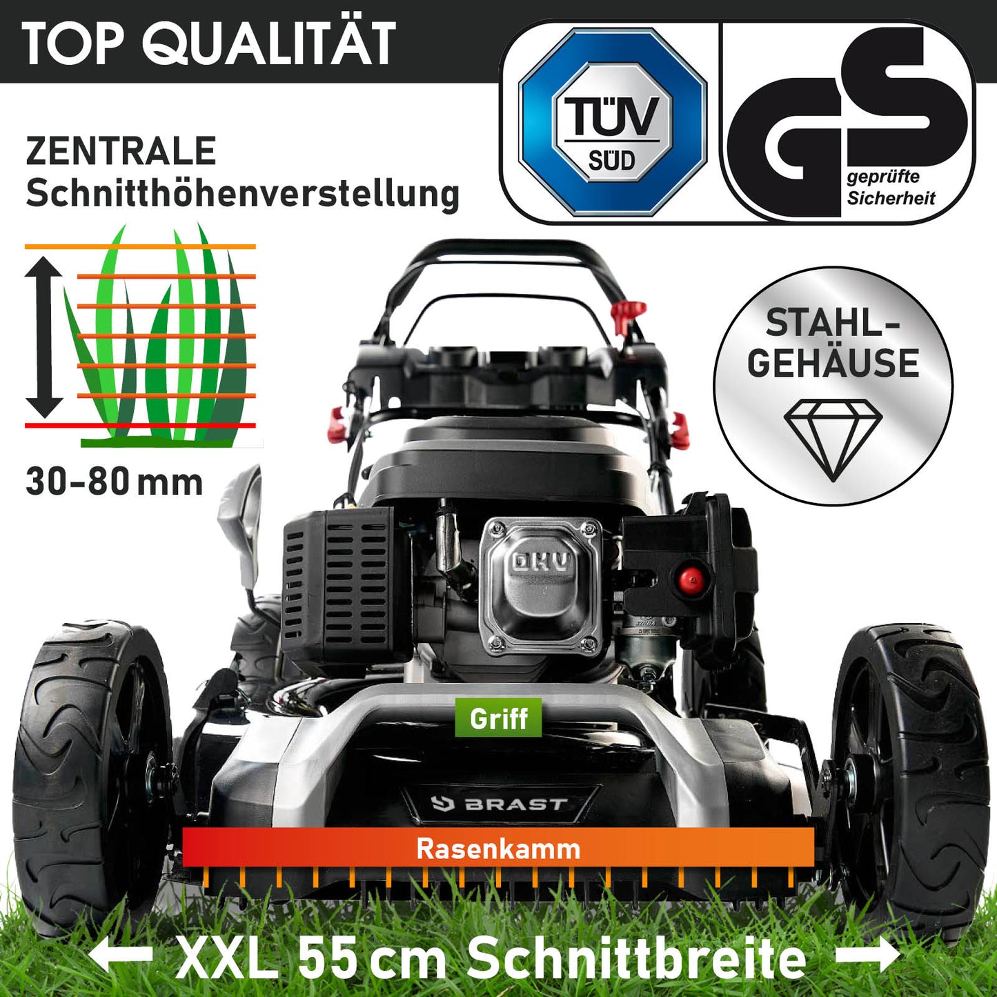 Benzin-Rasenmäher mit E-Start, 21 Zoll Schnittbreite, Stahlgehäuse, zentrale Schnitthöhenverstellung 30-80 mm, großer Griff, .