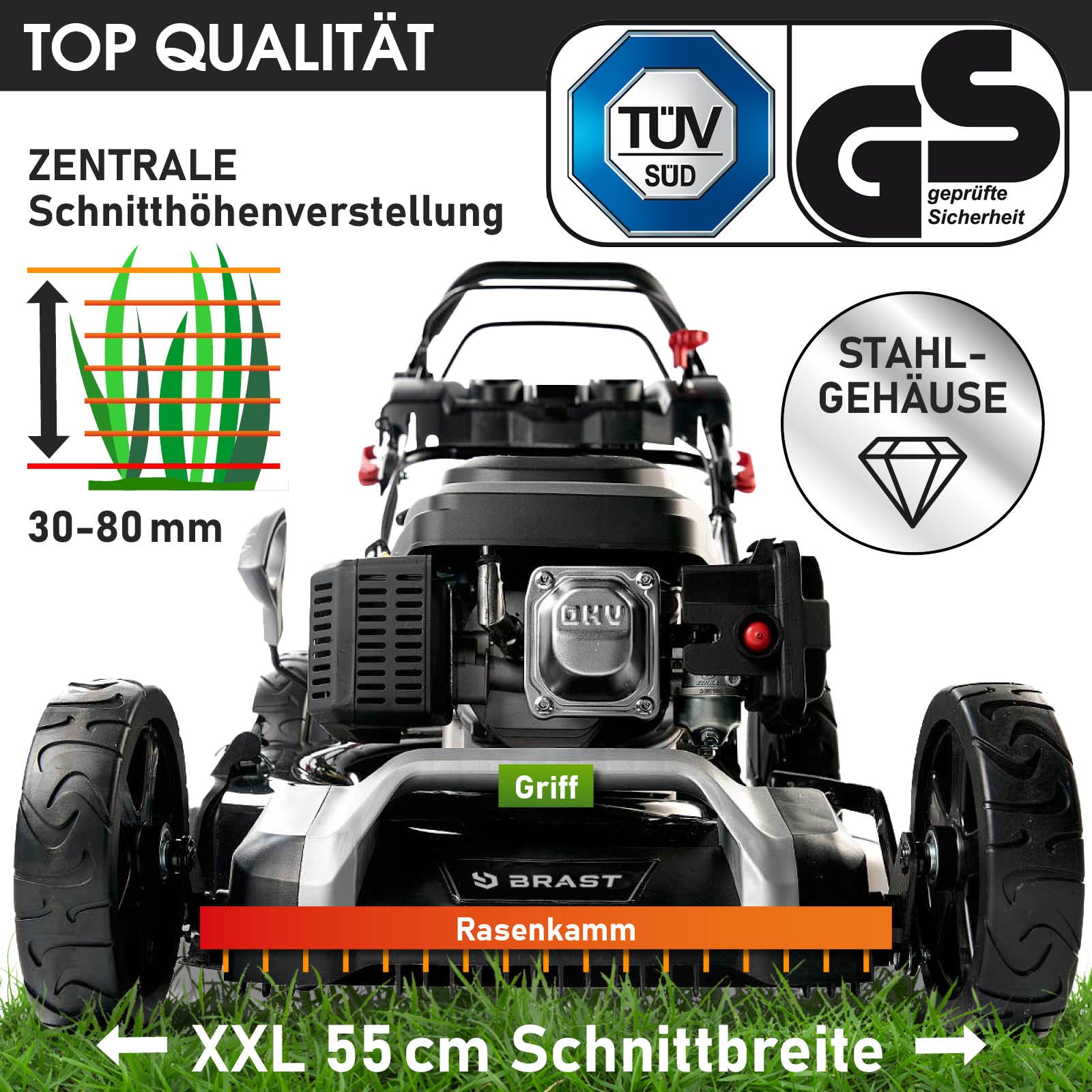 Benzin-Rasenmäher mit E-Start, 21 Zoll Schnittbreite, Stahlgehäuse, zentrale Schnitthöhenverstellung 30-80 mm, großer Griff, .
