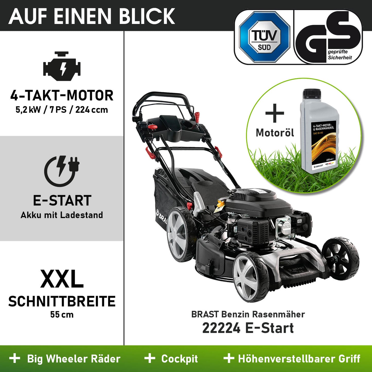 Schwarzer BRAST Benzinrasenmäher mit 7 PS Motor, XXL 55 cm Schnittbreite und E-Start, inklusive Motoröl und großen Rädern.
