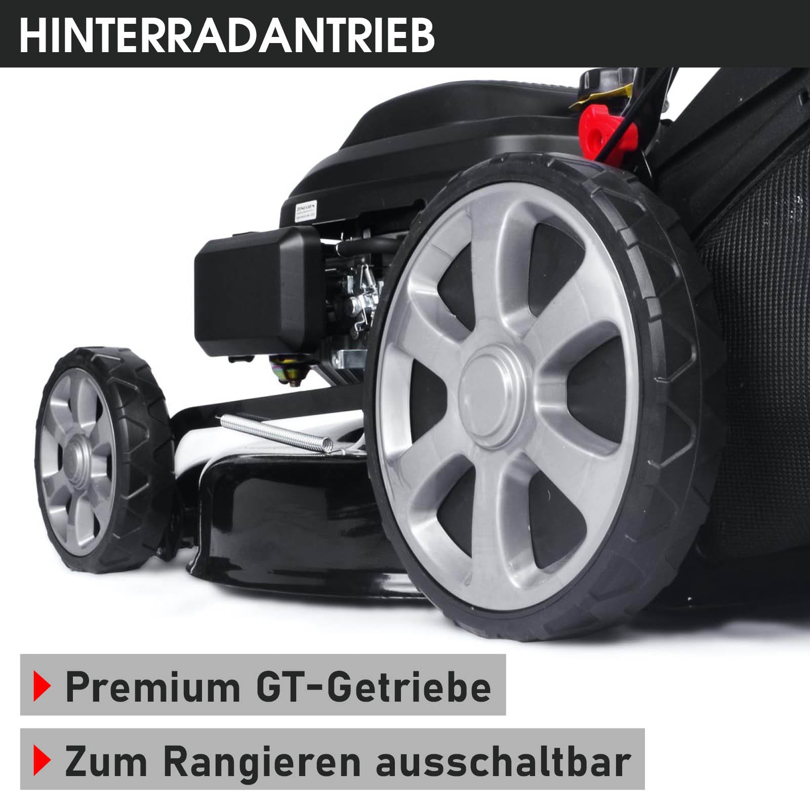 Benzinrasenmäher mit großem hinterem Antriebsrad und Premium GT-Getriebe im Detail.